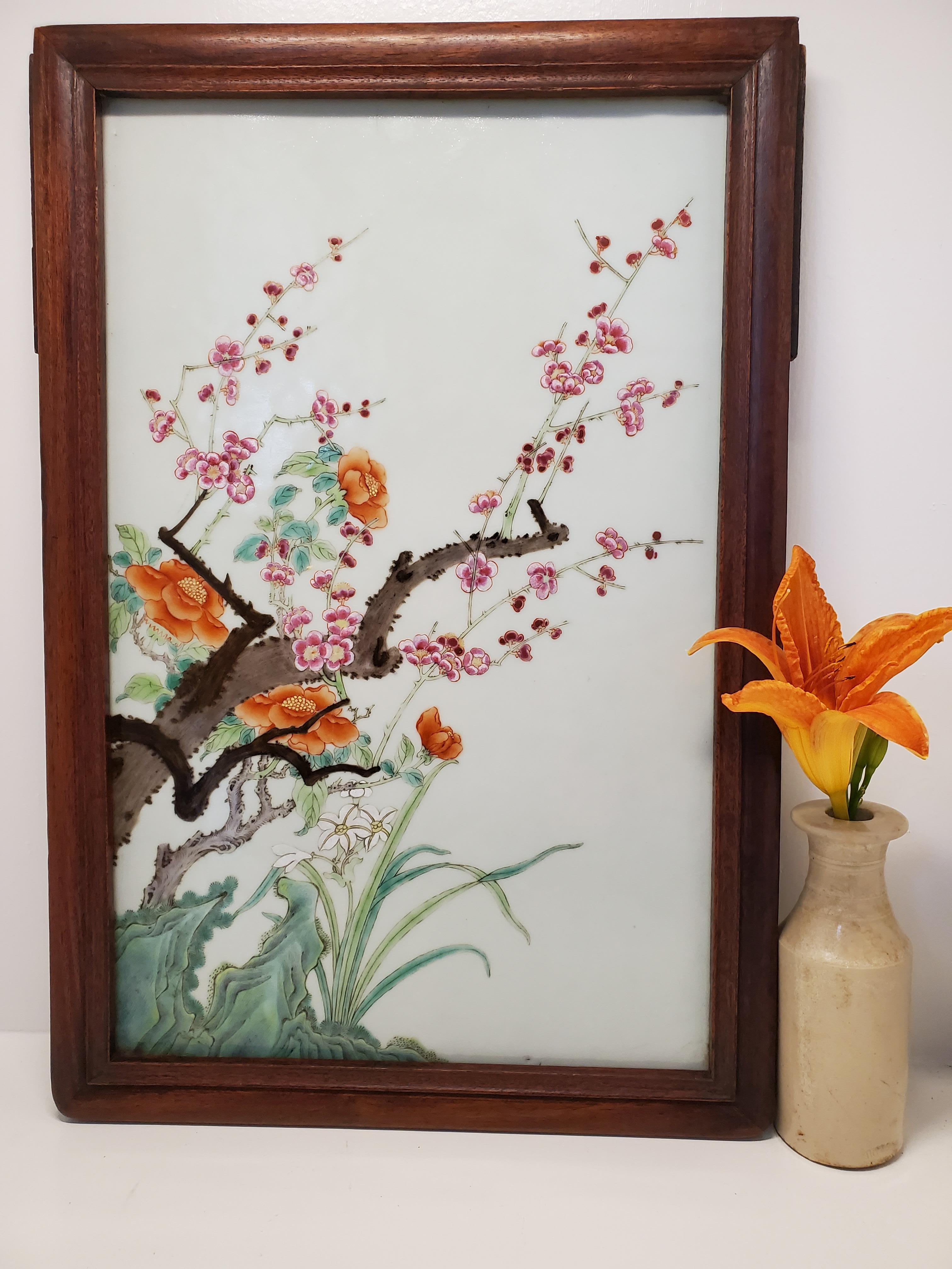 Antique Hand-Painted Porcelain Picture of Peonies, Fruit Blossoms, and Lilies For Sale 7