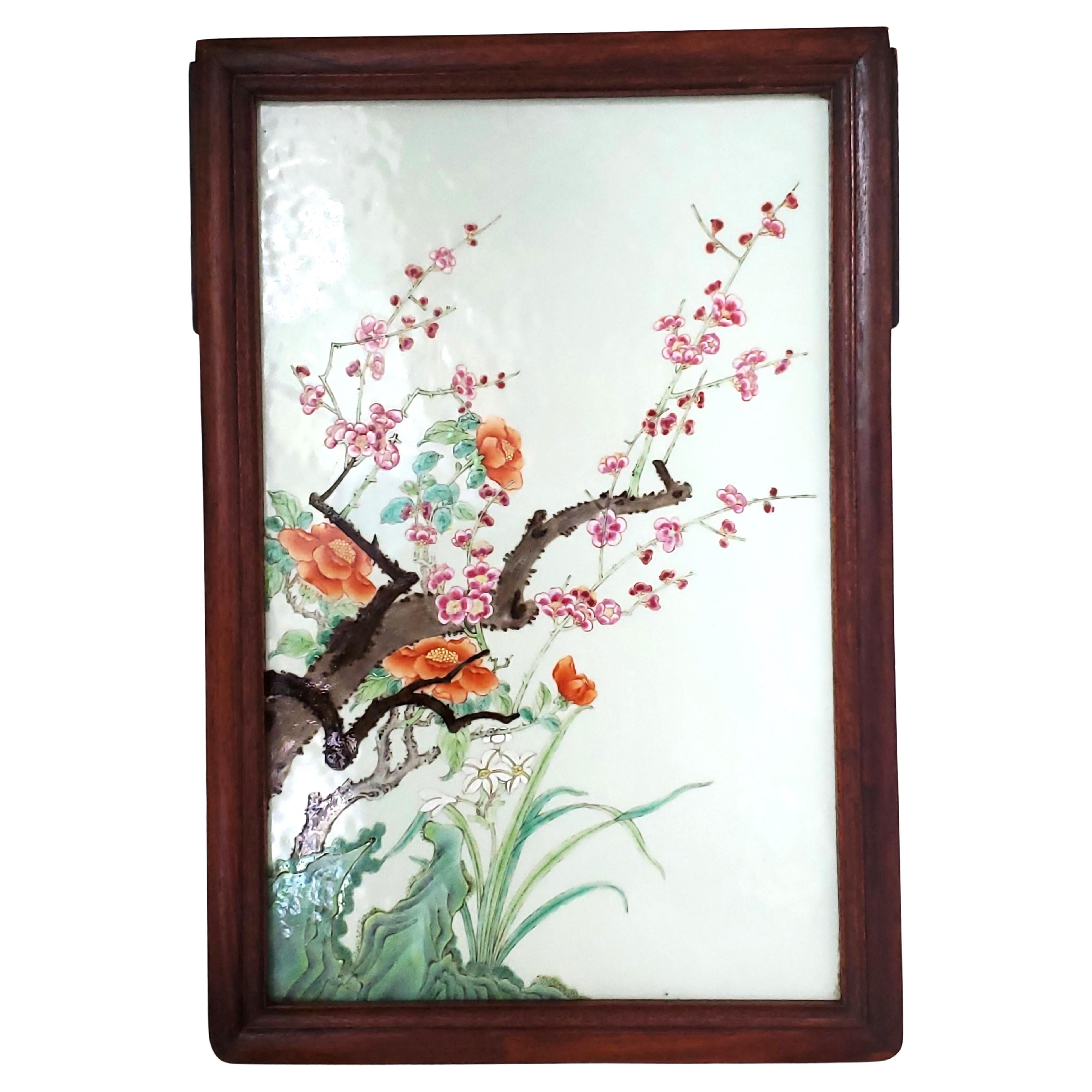 Antique Hand-Painted Porcelain Picture of Peonies, Fruit Blossoms, and Lilies For Sale