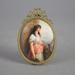 Antique Hand Painted Porcelain Plaque of a Young Woman In Oval Brass Frame 19thC