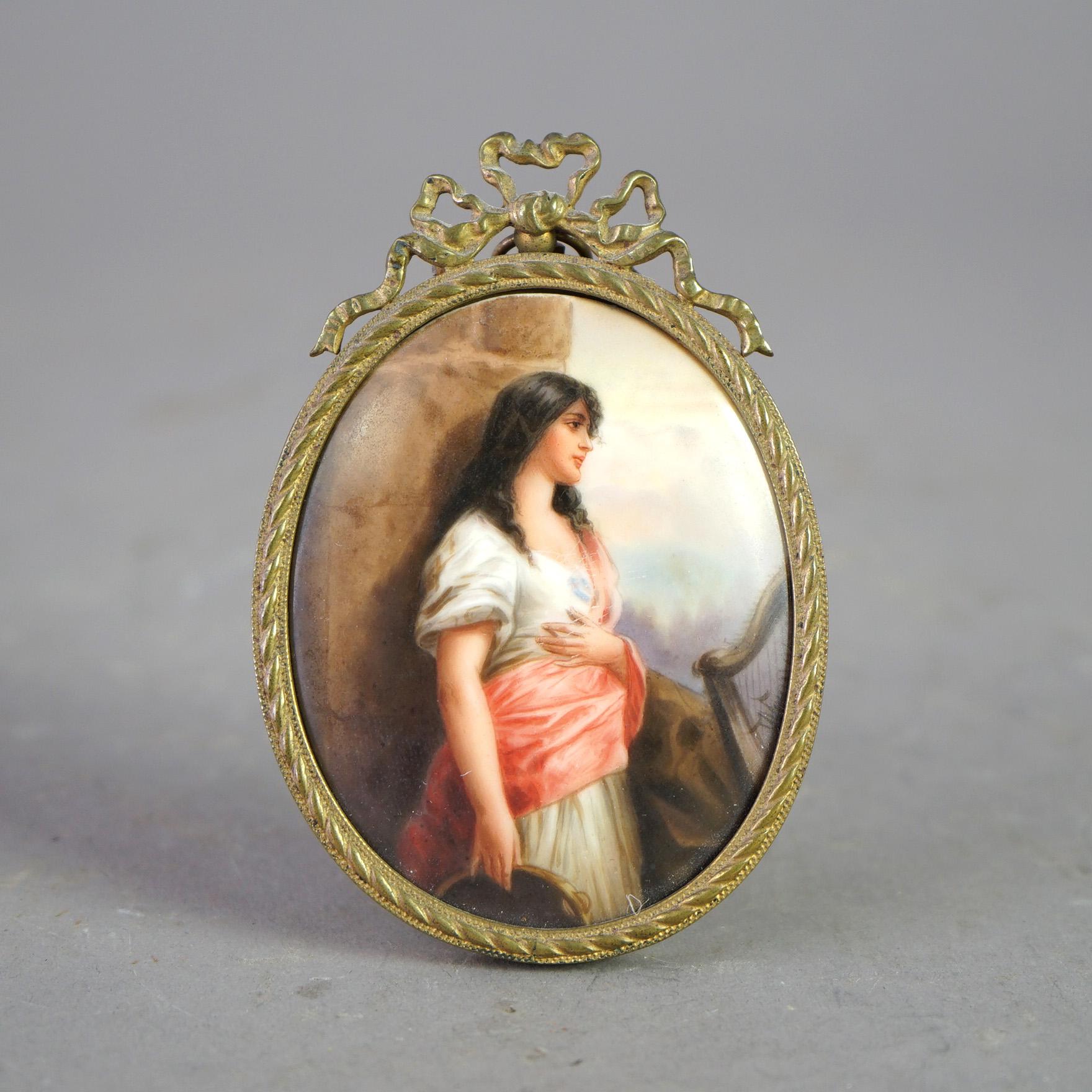European Antique Hand Painted Porcelain Plaque of a Young Woman In Oval Brass Frame 19thC For Sale