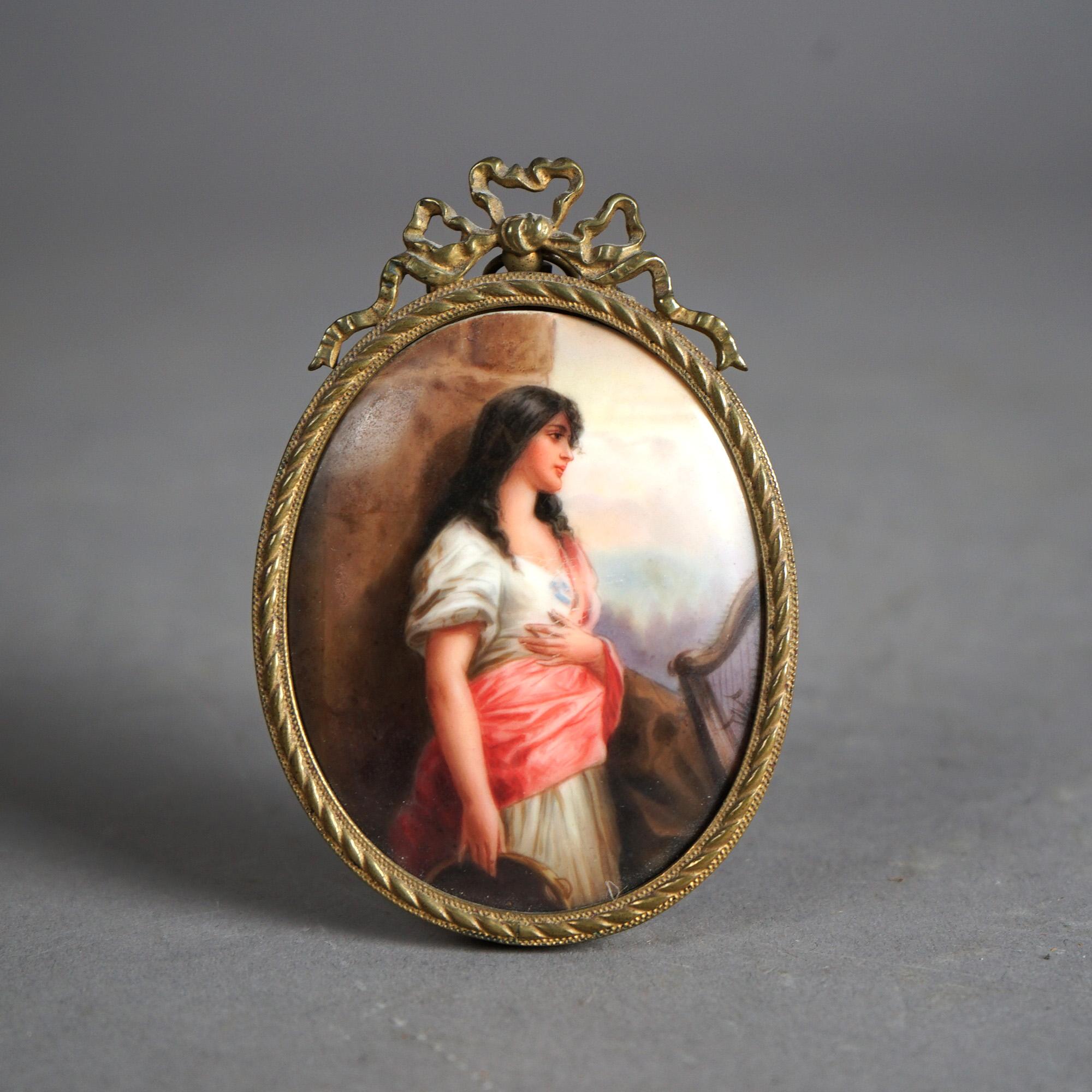 Antique Hand Painted Porcelain Plaque of a Young Woman In Oval Brass Frame 19thC For Sale 2