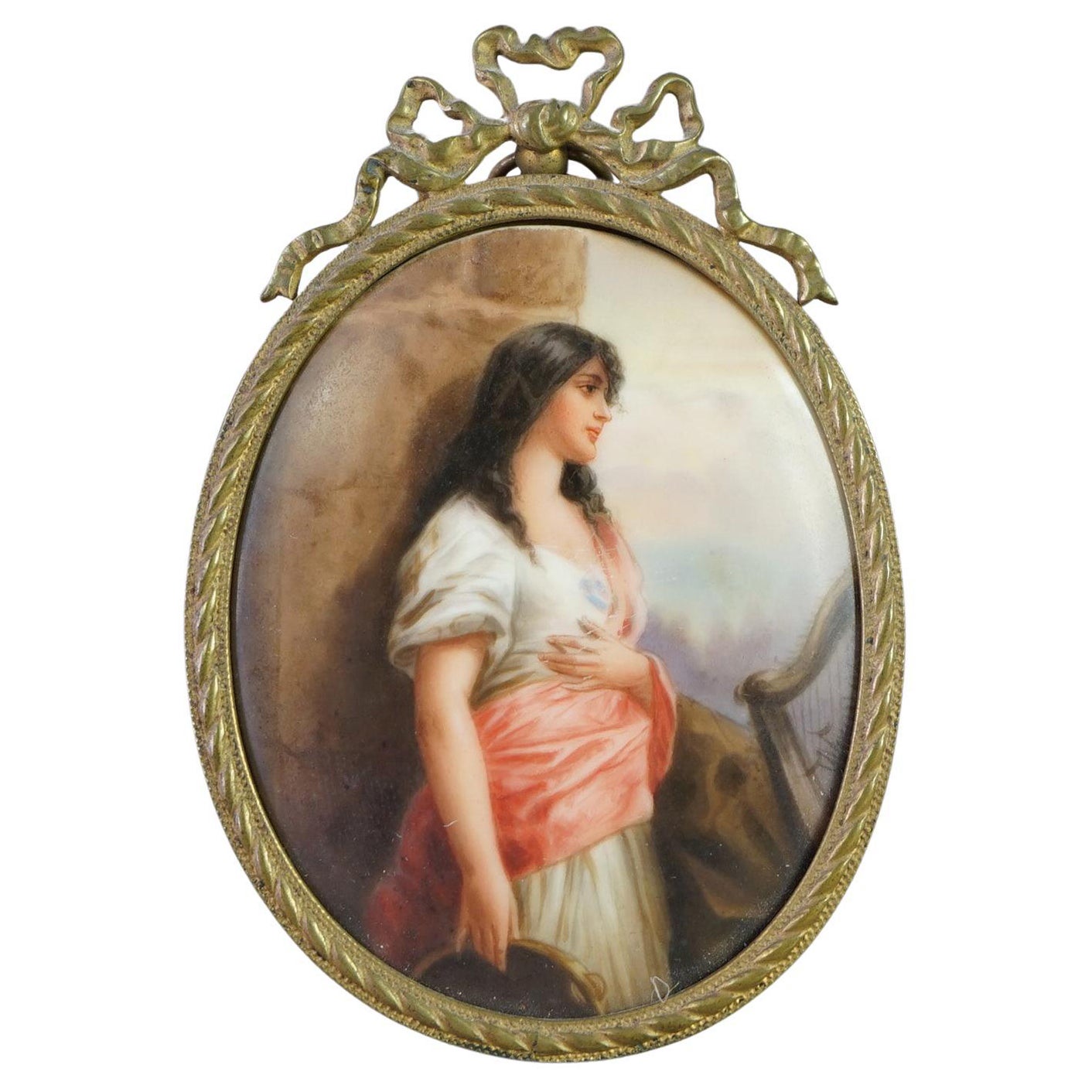 Antique Hand Painted Porcelain Plaque of a Young Woman In Oval Brass Frame 19thC