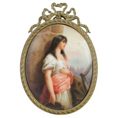 Antique Hand Painted Porcelain Plaque of a Young Woman In Oval Brass Frame 19thC