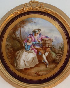 Antique Hand-Painted Porcelain Plaque, The Bird Cage, After Nicolas Lancret
