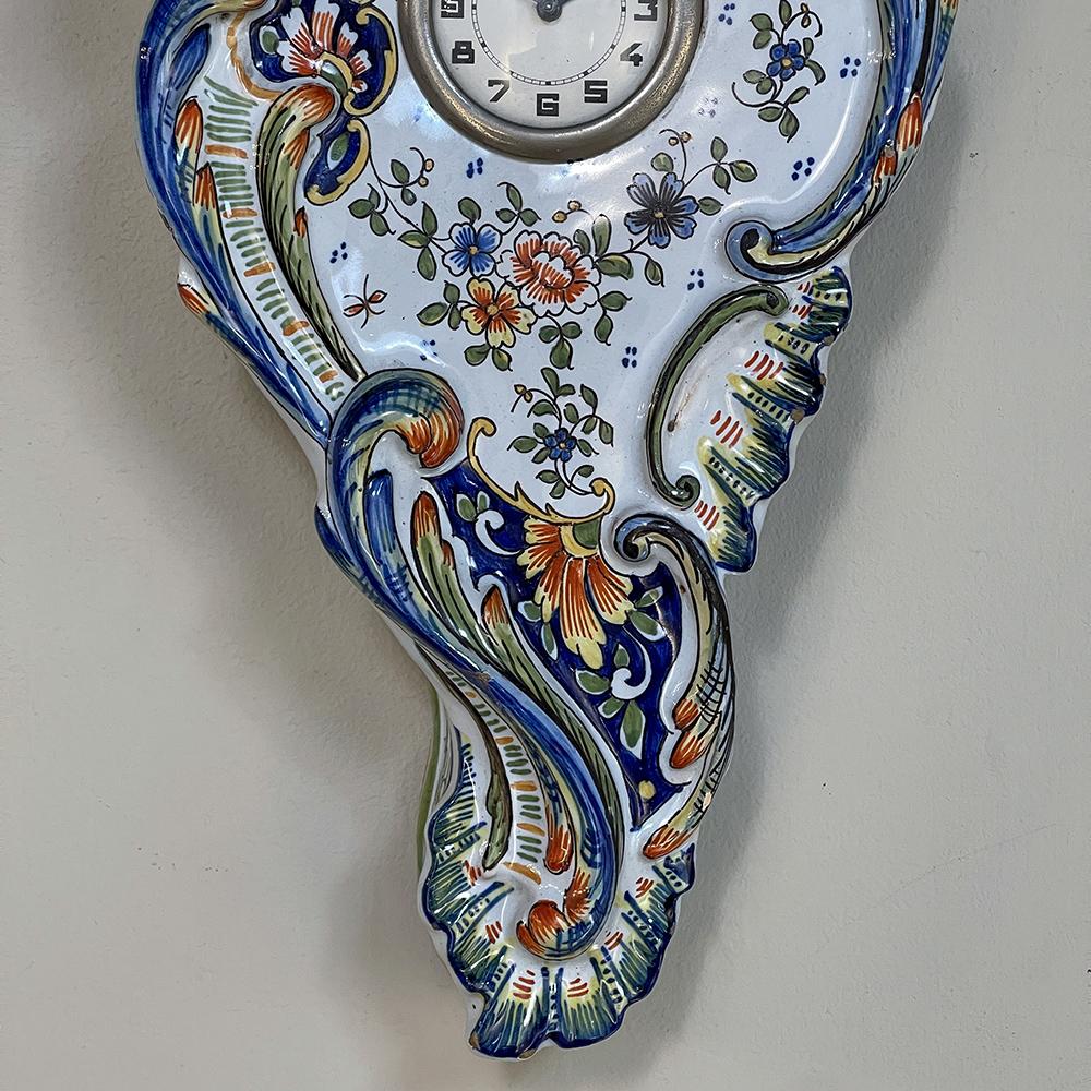 Antique Hand-Painted Faience Wall Clock from Rouen For Sale 3