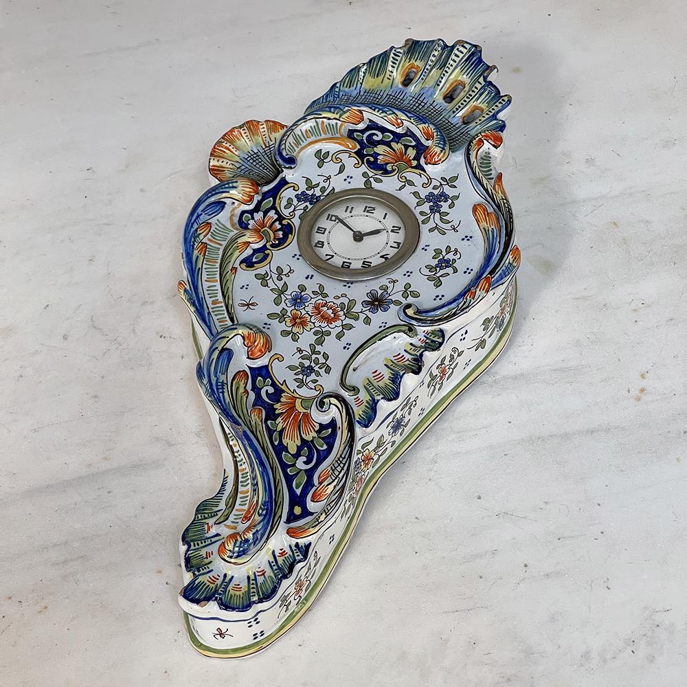 Antique Hand-Painted Faience Wall Clock from Rouen For Sale 4