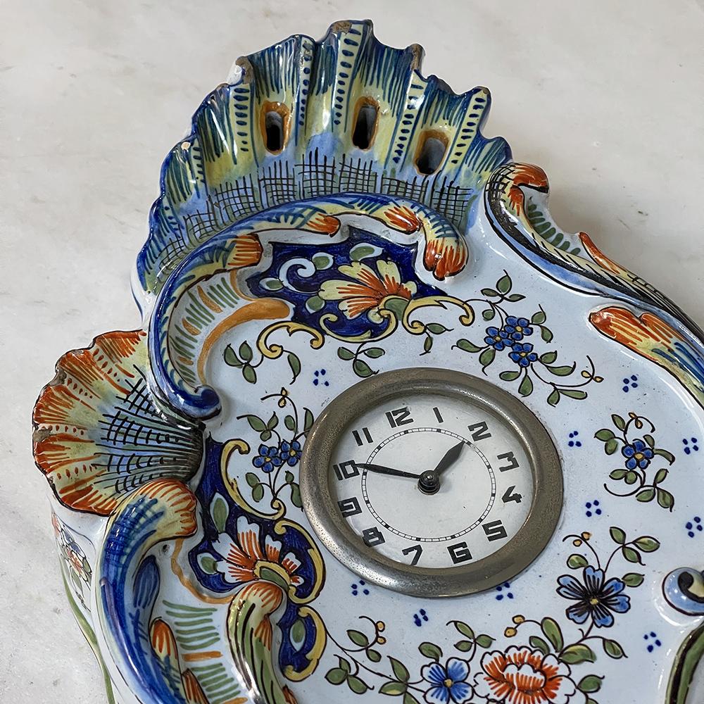 Antique Hand-Painted Faience Wall Clock from Rouen For Sale 7