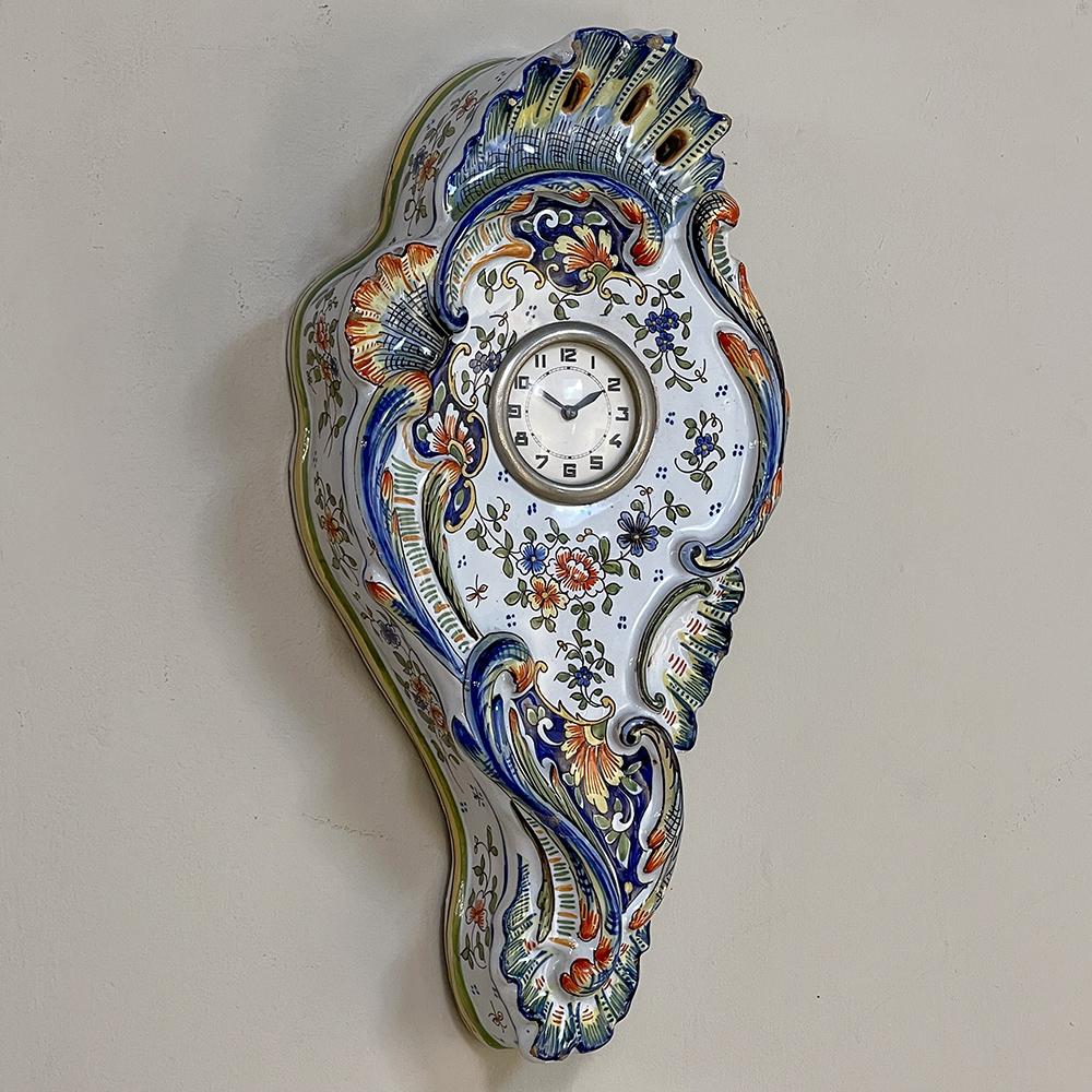 Country Antique Hand-Painted Faience Wall Clock from Rouen For Sale