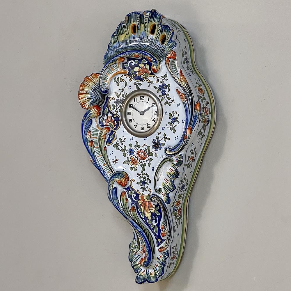 French Antique Hand-Painted Faience Wall Clock from Rouen For Sale