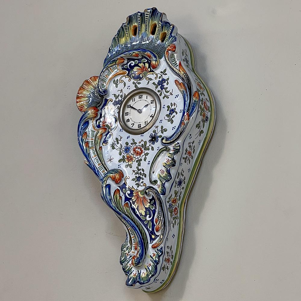 Antique Hand-Painted Faience Wall Clock from Rouen In Good Condition For Sale In Dallas, TX