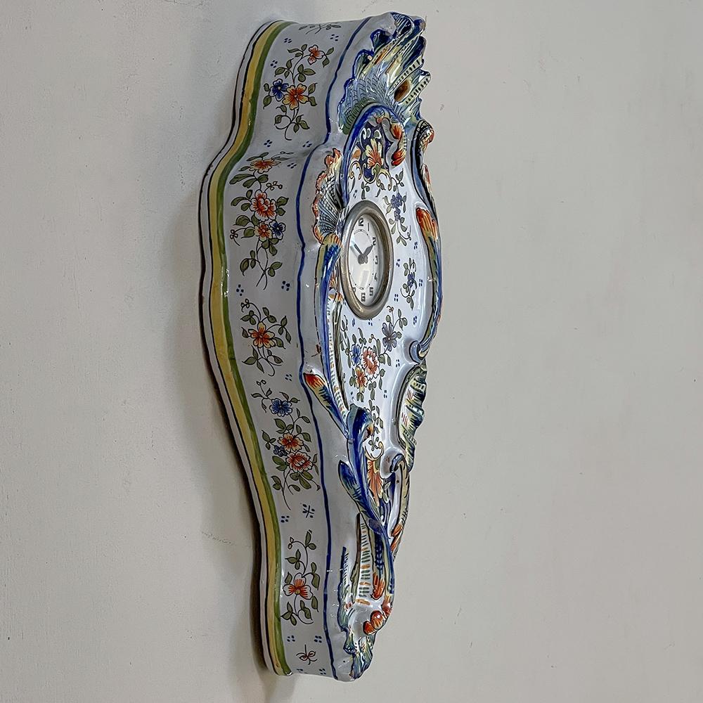 20th Century Antique Hand-Painted Faience Wall Clock from Rouen For Sale