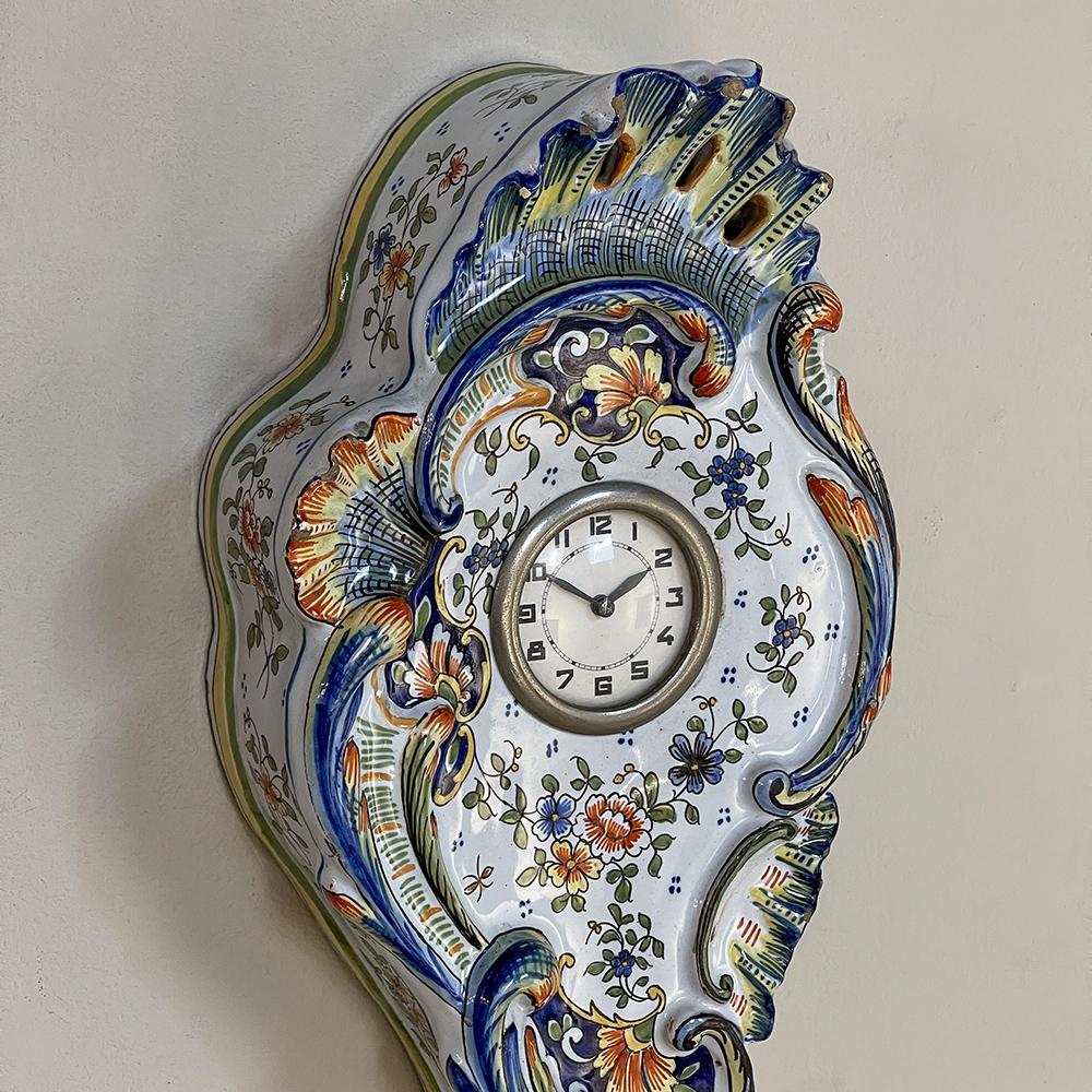 Antique Hand-Painted Faience Wall Clock from Rouen For Sale 1