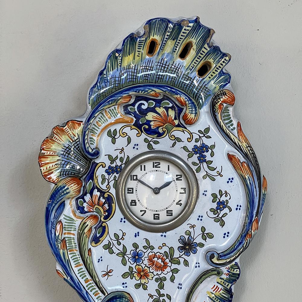 Antique Hand-Painted Faience Wall Clock from Rouen For Sale 2