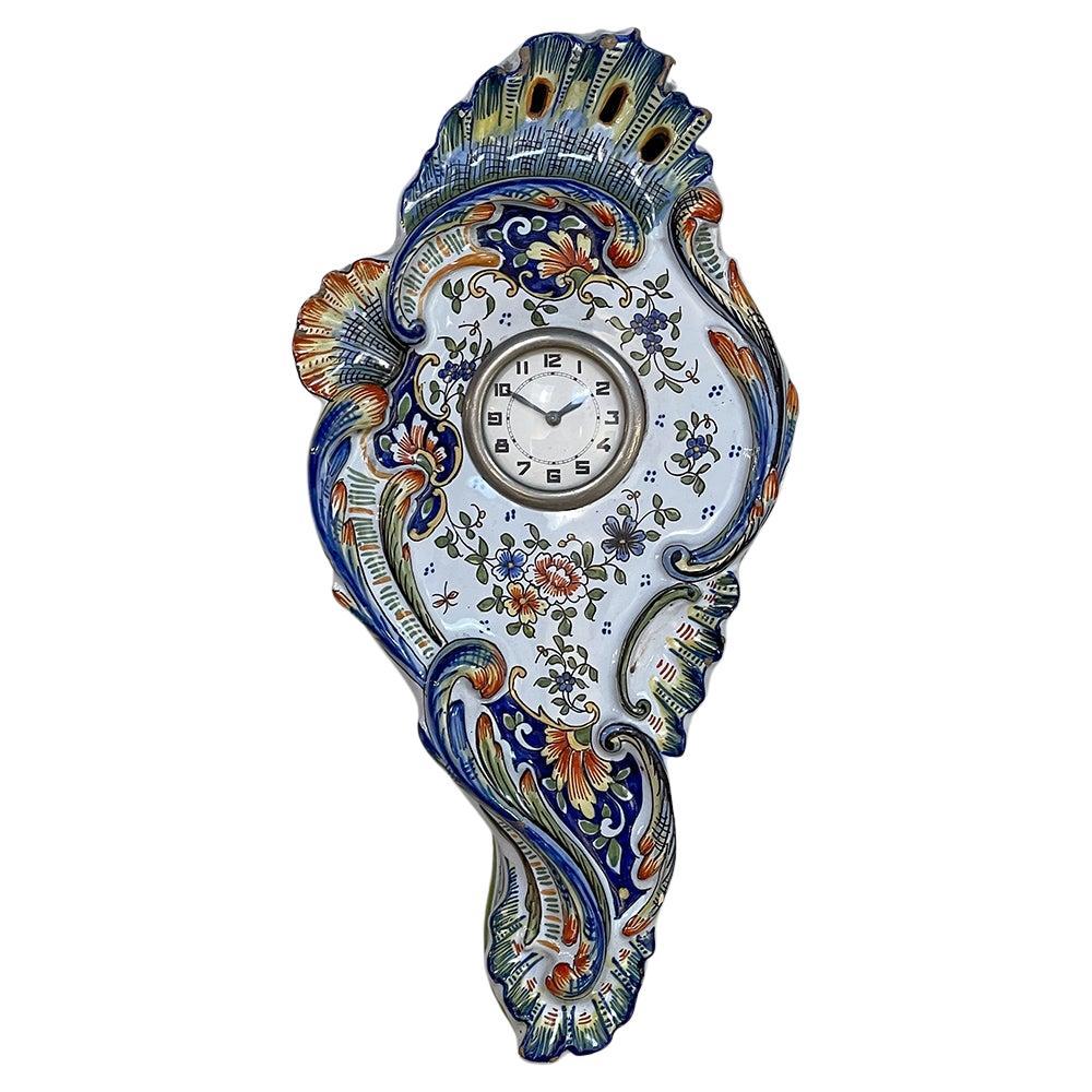 Antique Hand-Painted Faience Wall Clock from Rouen For Sale