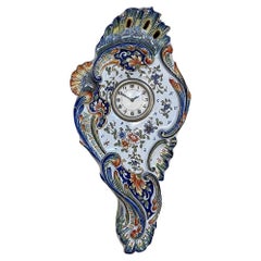Retro Hand-Painted Faience Wall Clock from Rouen
