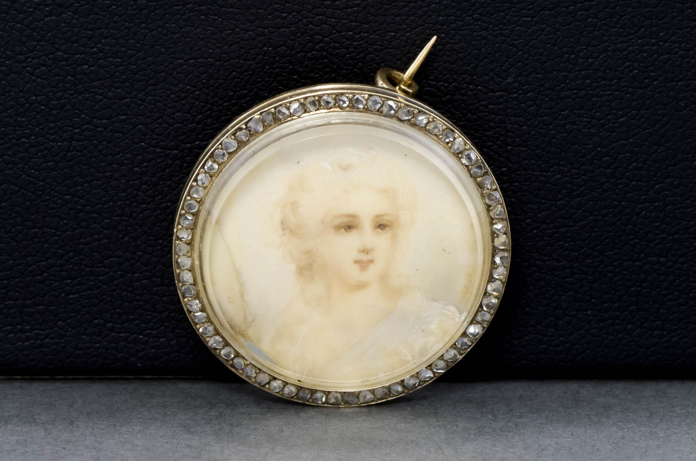 Antike handgemalte Portrait Miniatur Goldbrosche mit Rosenschliff-Diamant-Bordüre im Angebot 5