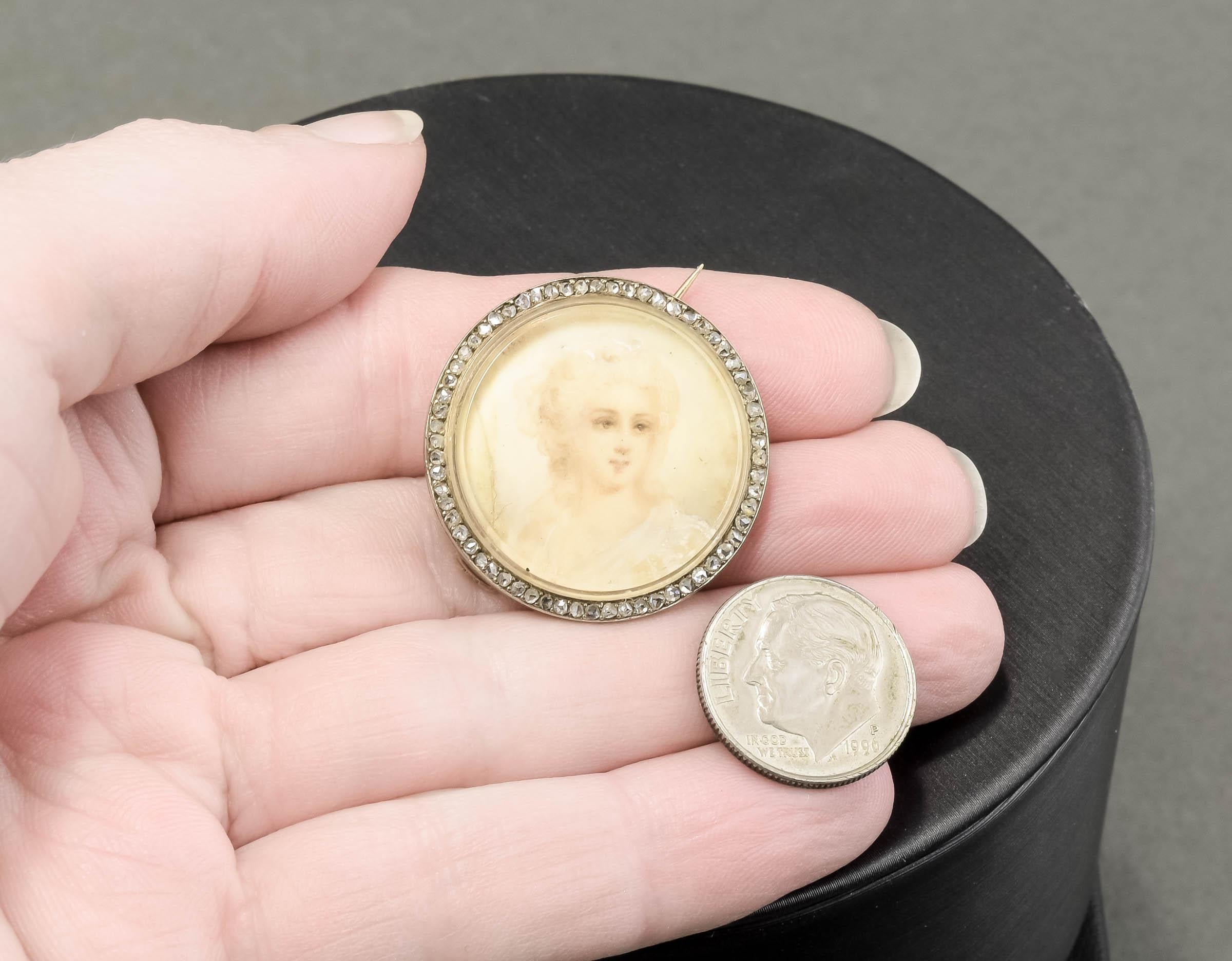 Georgian Antique Hand Painted Portrait Miniature Gold Brooch with Rose Cut Diamond Border For Sale