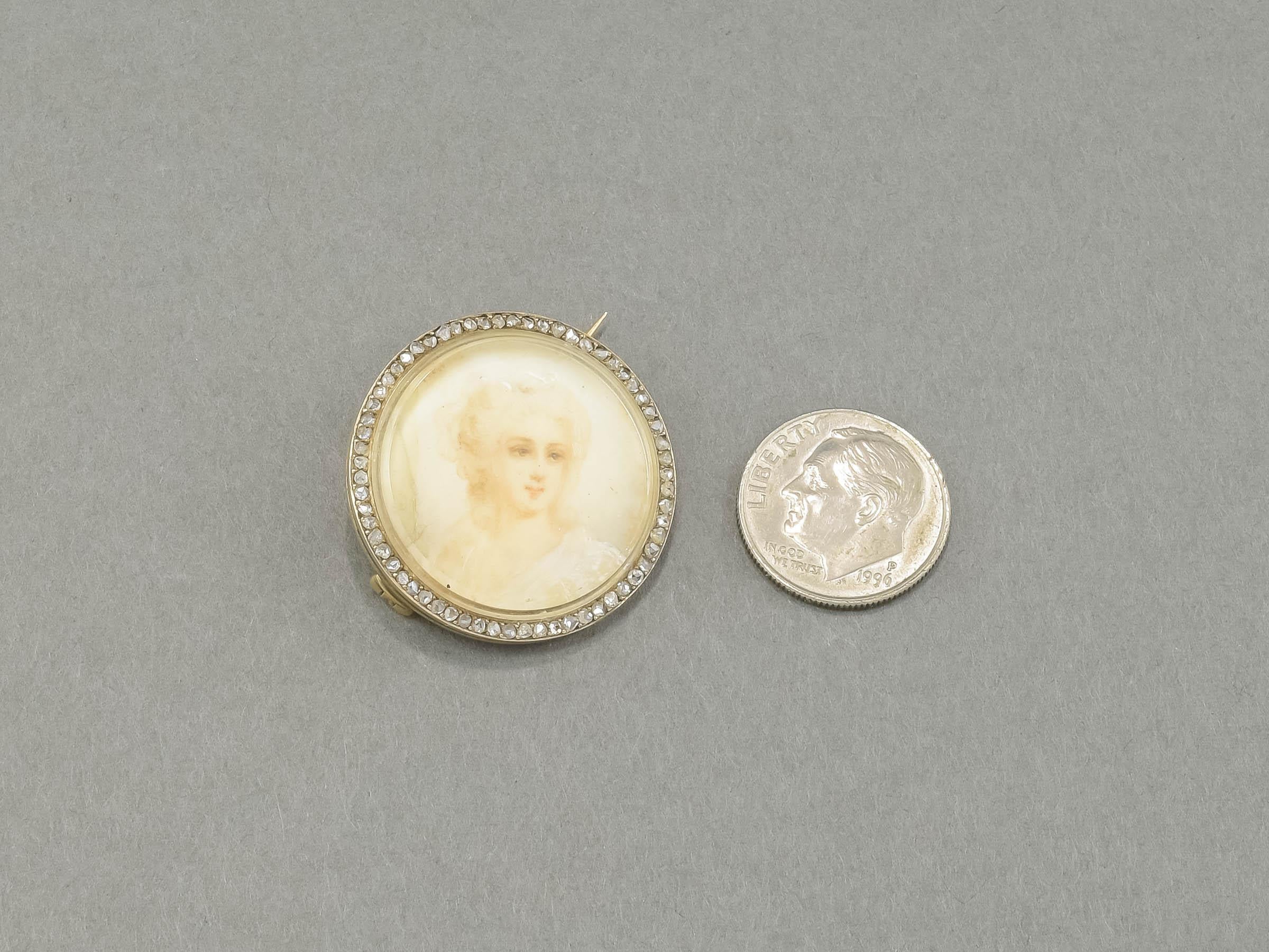 Antike handgemalte Portrait Miniatur Goldbrosche mit Rosenschliff-Diamant-Bordüre für Damen oder Herren im Angebot