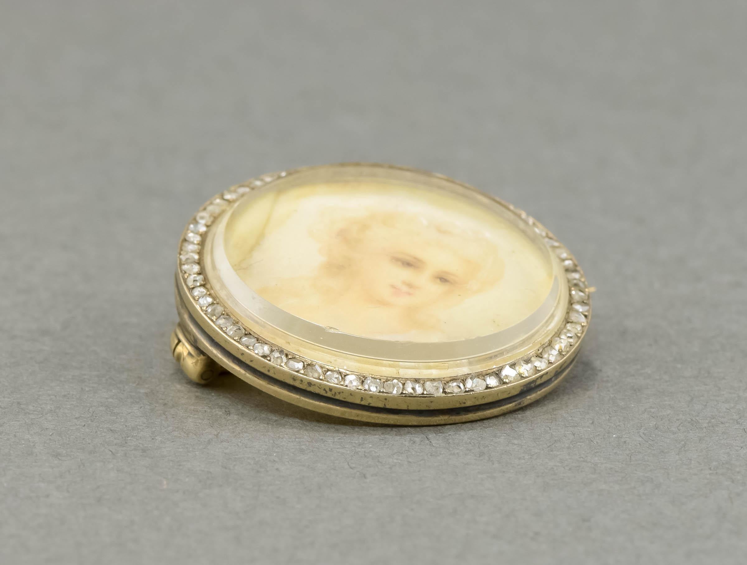 Antike handgemalte Portrait Miniatur Goldbrosche mit Rosenschliff-Diamant-Bordüre im Angebot 3