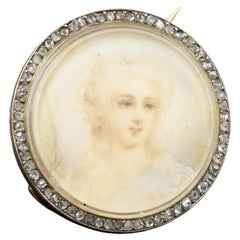 Antique Hand Painted Portrait Miniature Gold Brooch with Rose Cut Diamond Border