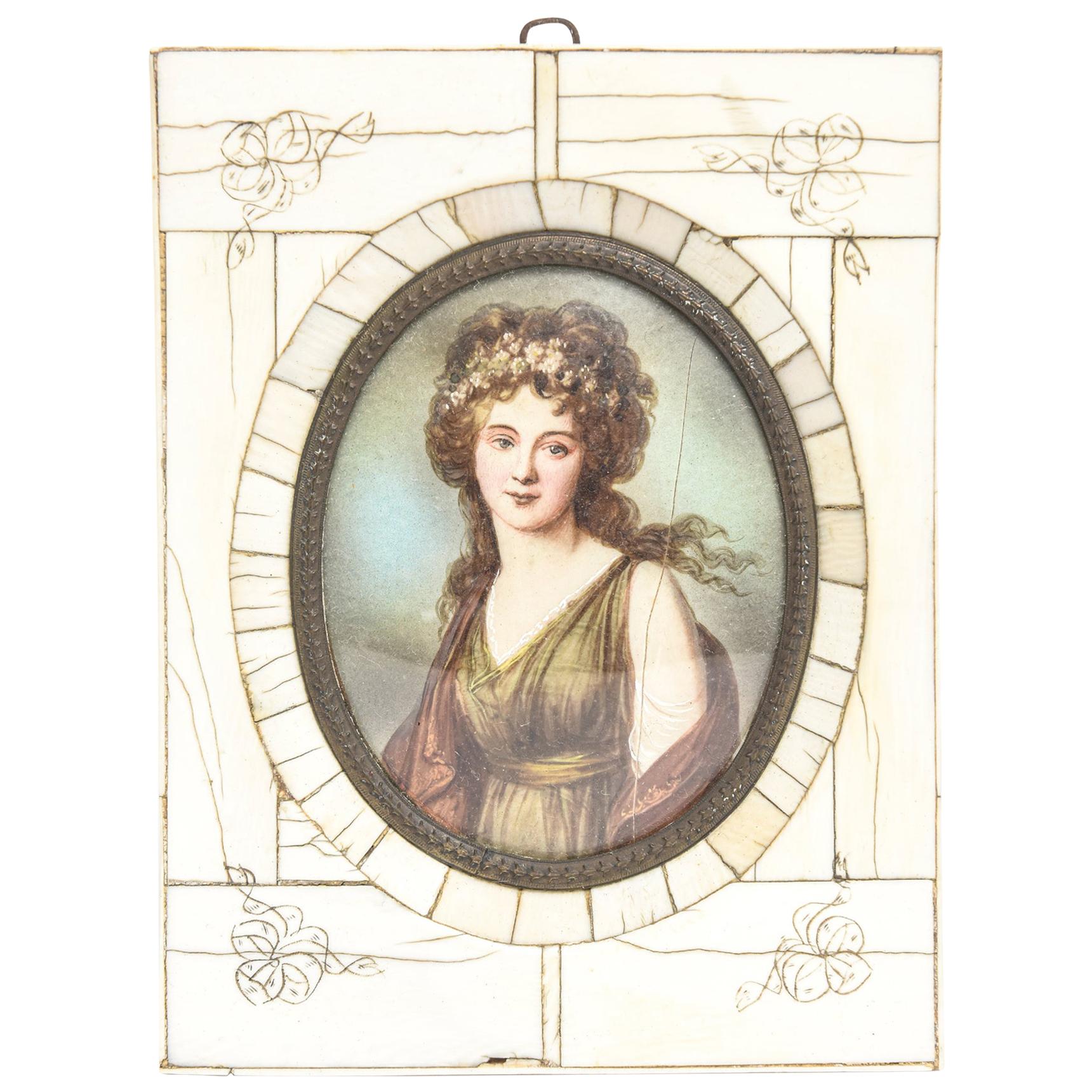 Antique Hand-Painted Portrait of Woman on Celluloid in Bone Frame