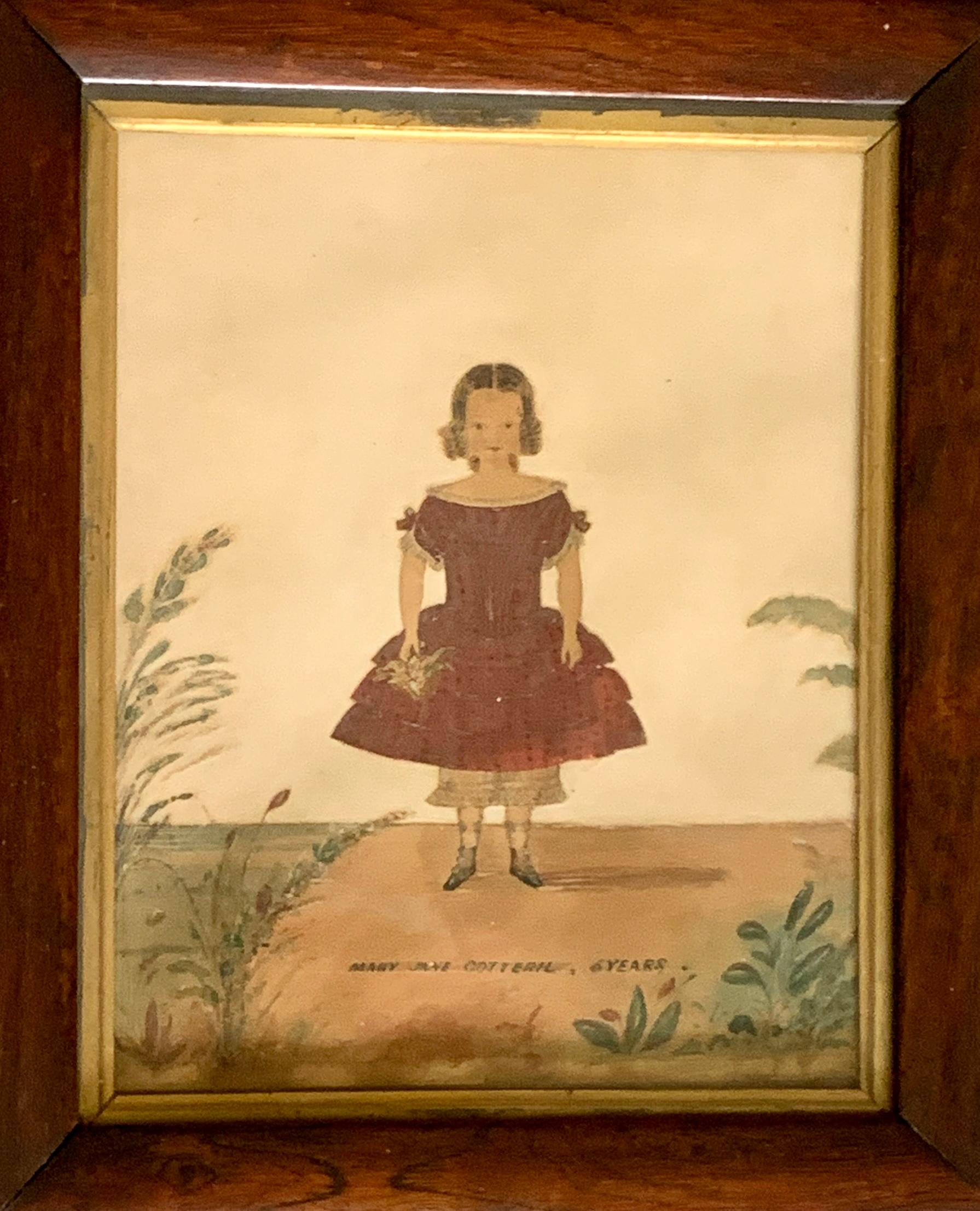 Dieses schöne Porträt der jungen Mary Jane Cotteril wurde um 1840 in England angefertigt. Ihre Pose ist geradlinig, und ihr zu eleganten Locken gestyltes Haar umrahmt ihr jugendliches Gesicht und verleiht ihm einen Hauch von Unschuld und Charme.