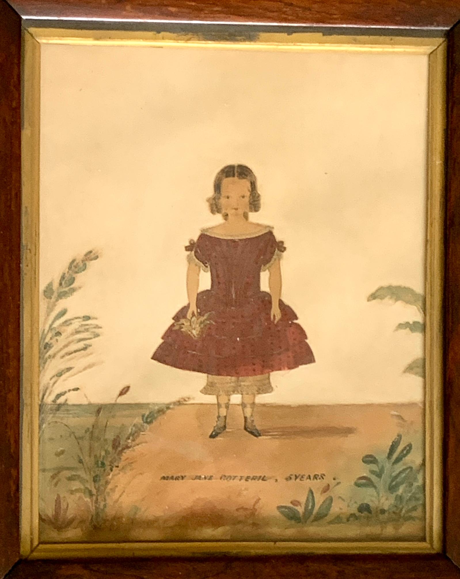 Hand-Painted Antique Hand Painted Portrait Young Girl England C-1840  For Sale