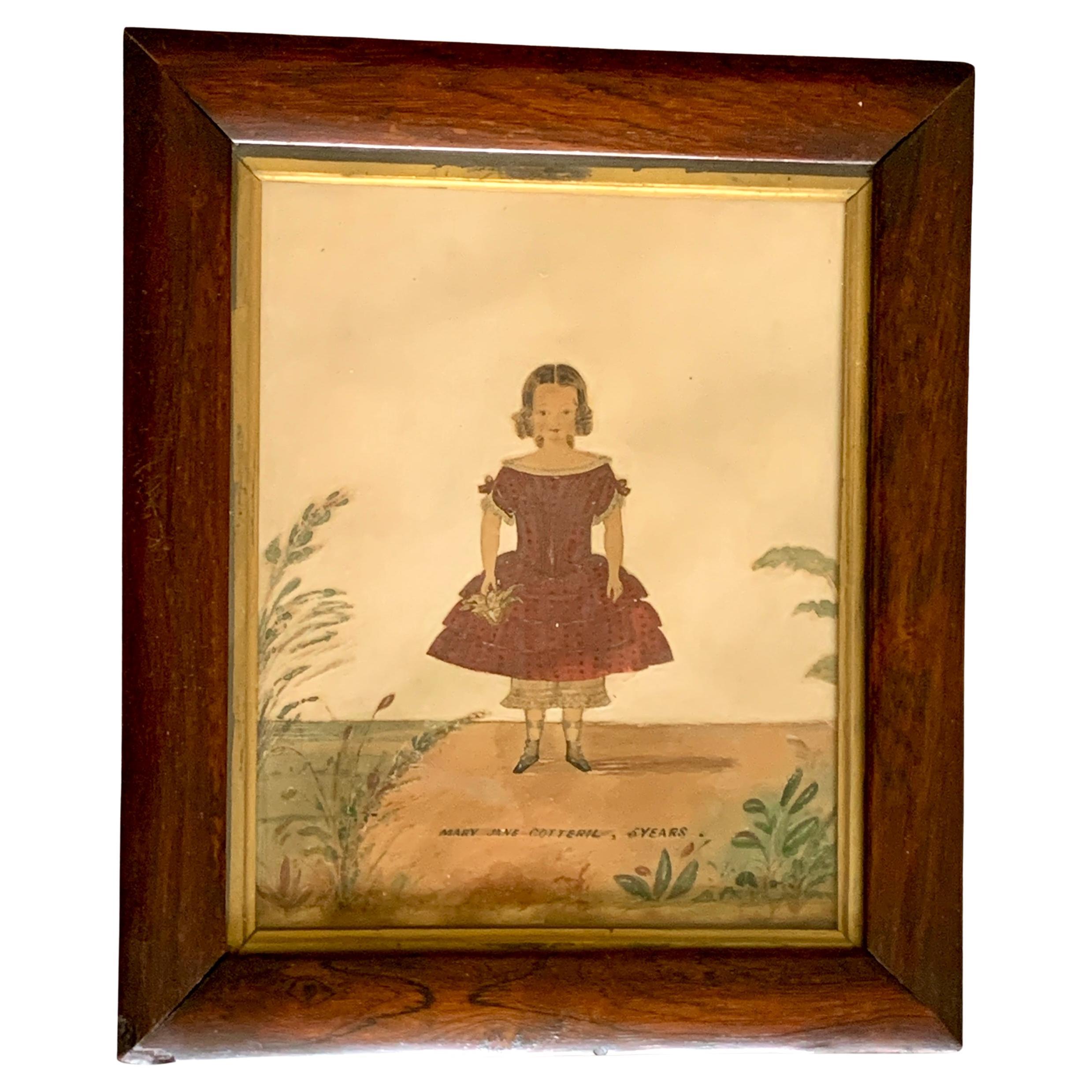 Antique Hand Painted Portrait Young Girl England C-1840  For Sale