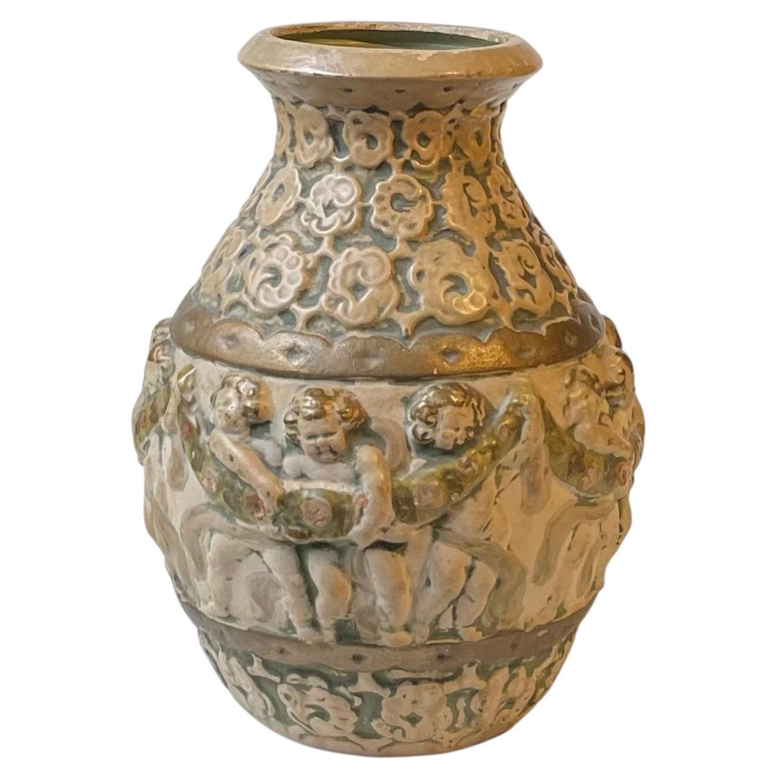 Antique Hand-Painted Pottery Vase w. Putti's - Renaissance revival in style For Sale