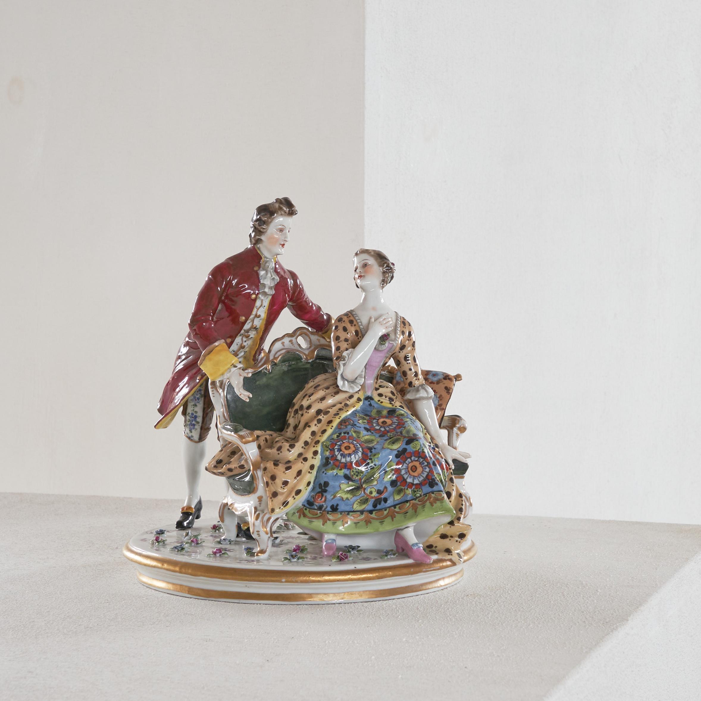 Antique Hand Painted Romantic Porcelain Figurine Group in the style of Meissen.

Beautifully hand painted figurine group in porcelain. Depicting a delightful and romantic scene, very suiting for the style. Beautiful quality and hand painted details,