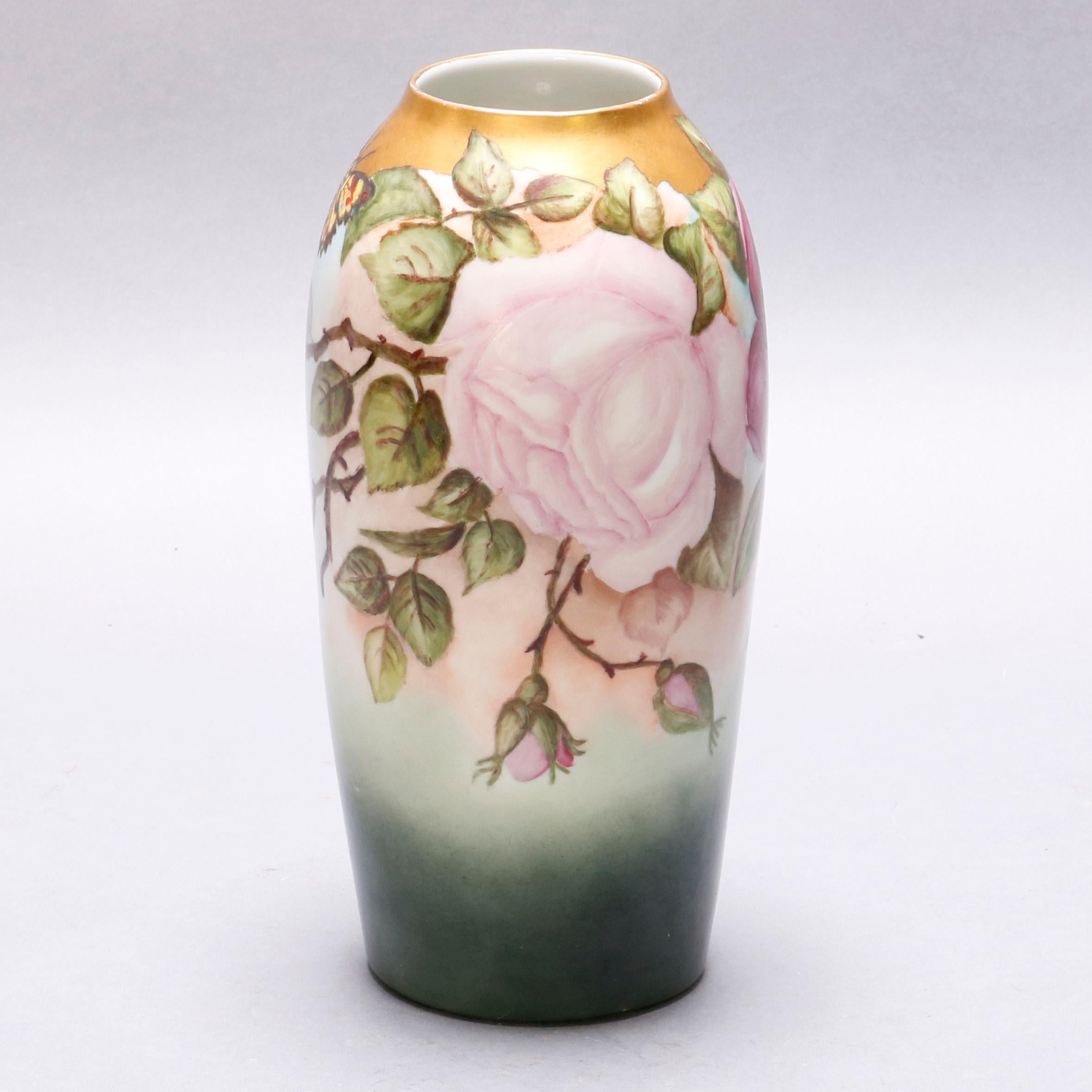 An antique German porcelain vase by Rosenthal China, Bavaria offers all-over rose garden decoration with butterfly, base with green R&C crown maker mark, reminiscent of French Limoges, circa 1920

***DELIVERY NOTICE – Due to COVID-19 we are
