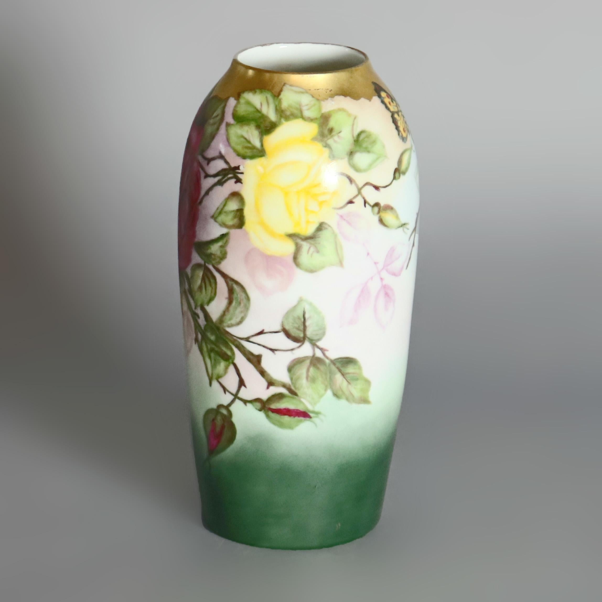Art Nouveau Antique Hand Painted Rosenthal China Bavaria Porcelain Vase, Rose Garden