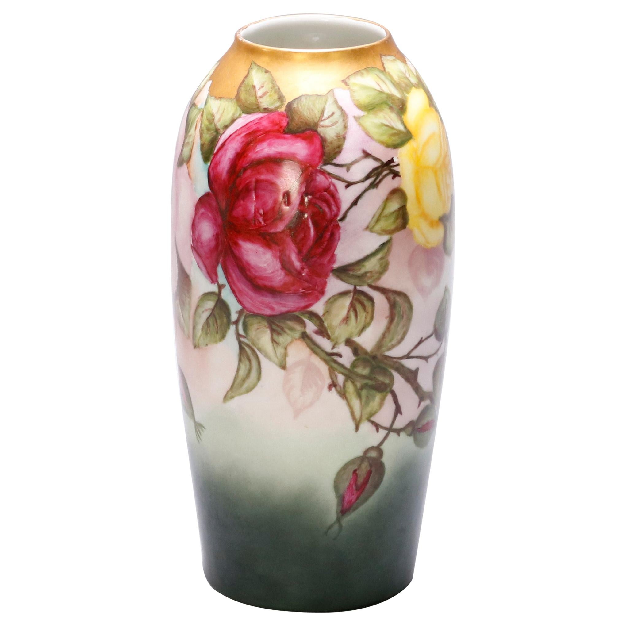 Antique Hand Painted Rosenthal China Bavaria Porcelain Vase, Rose Garden
