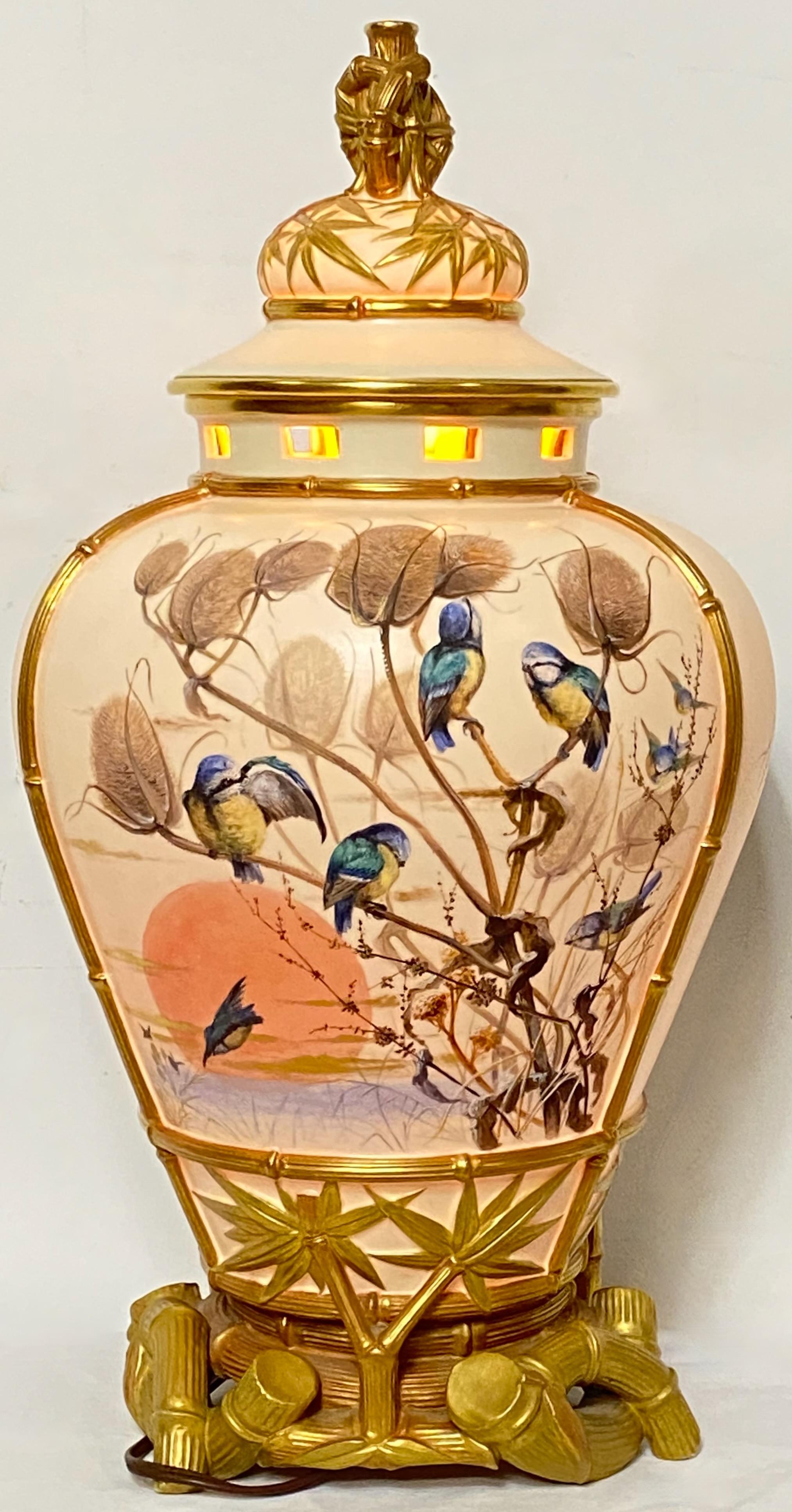 Antique Hand Painted Royal Worcester Urn Table Lamp, Late 19th Century In Good Condition For Sale In San Francisco, CA
