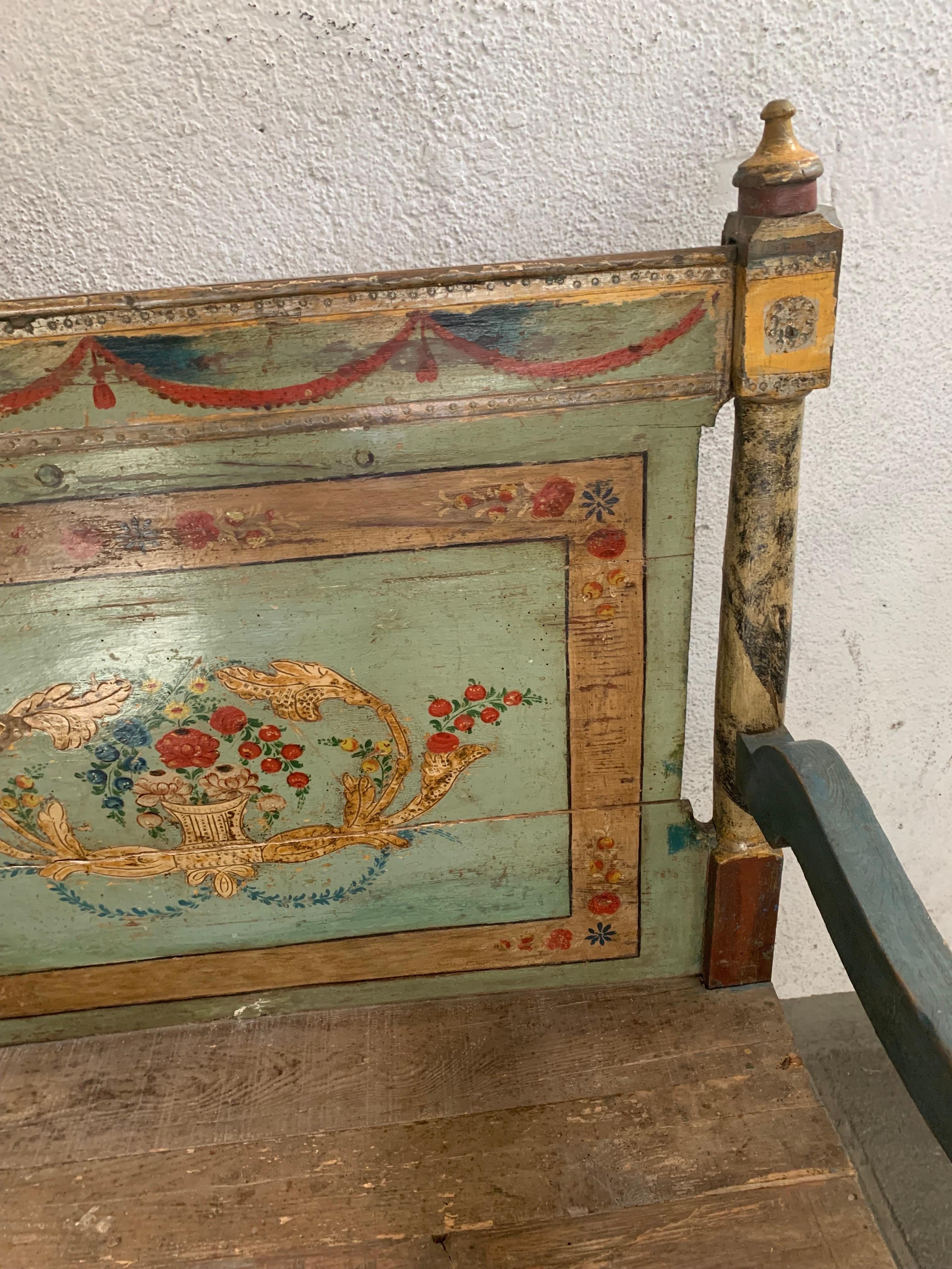 Antique Hand Painted Rustic Spanish Bench For Sale 4