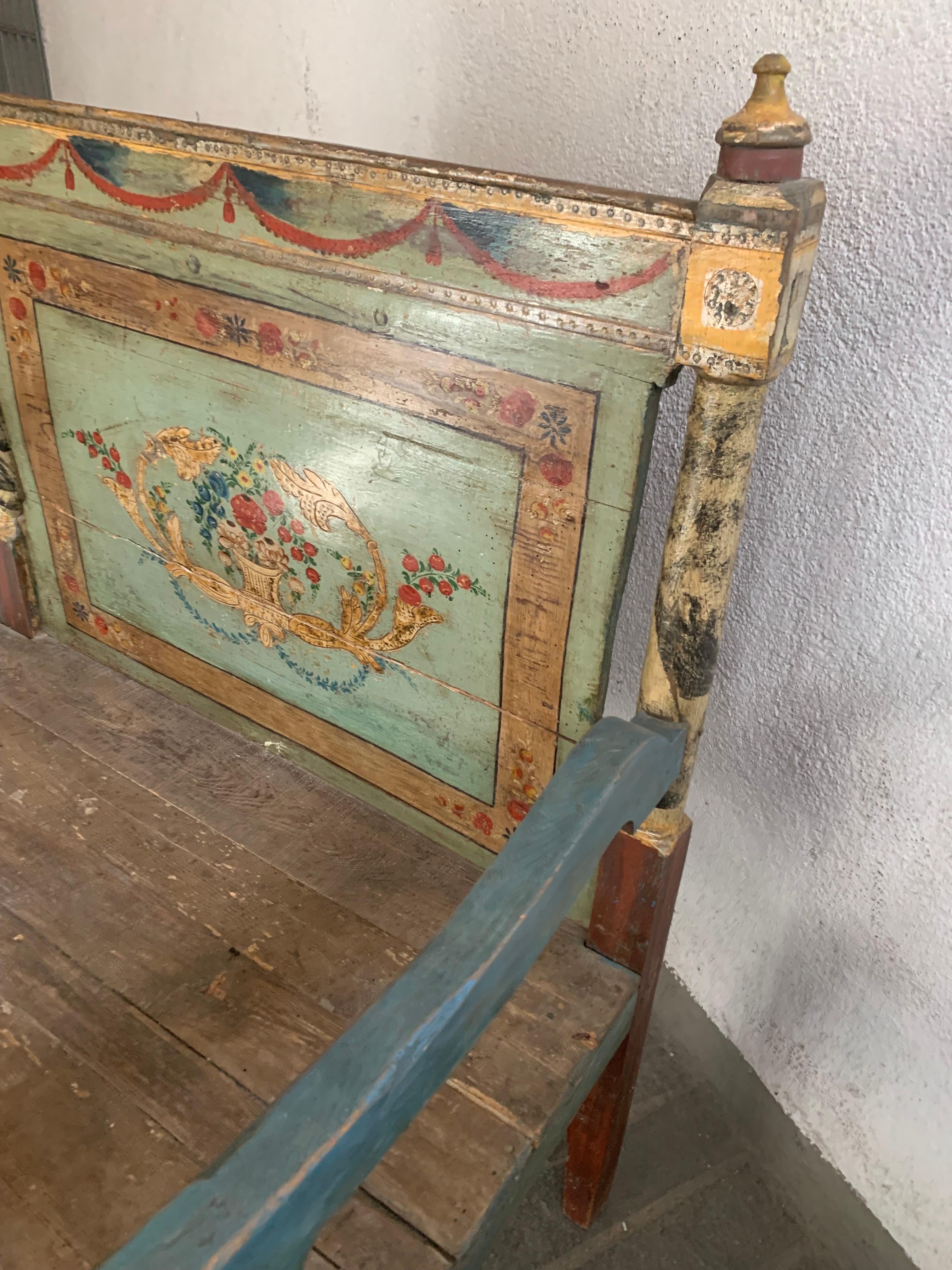 Antique Hand Painted Rustic Spanish Bench For Sale 6