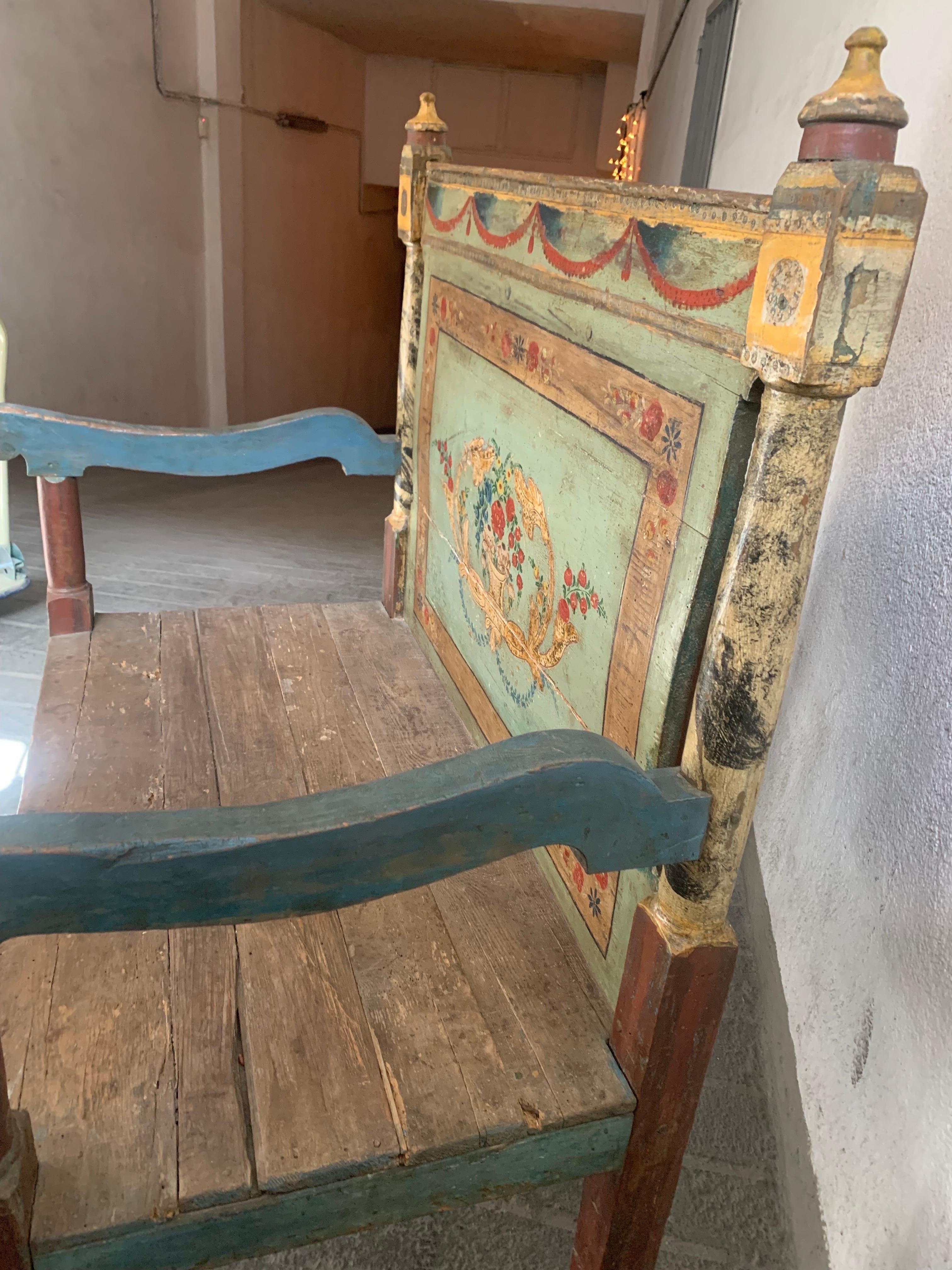 Antique Hand Painted Rustic Spanish Bench For Sale 7