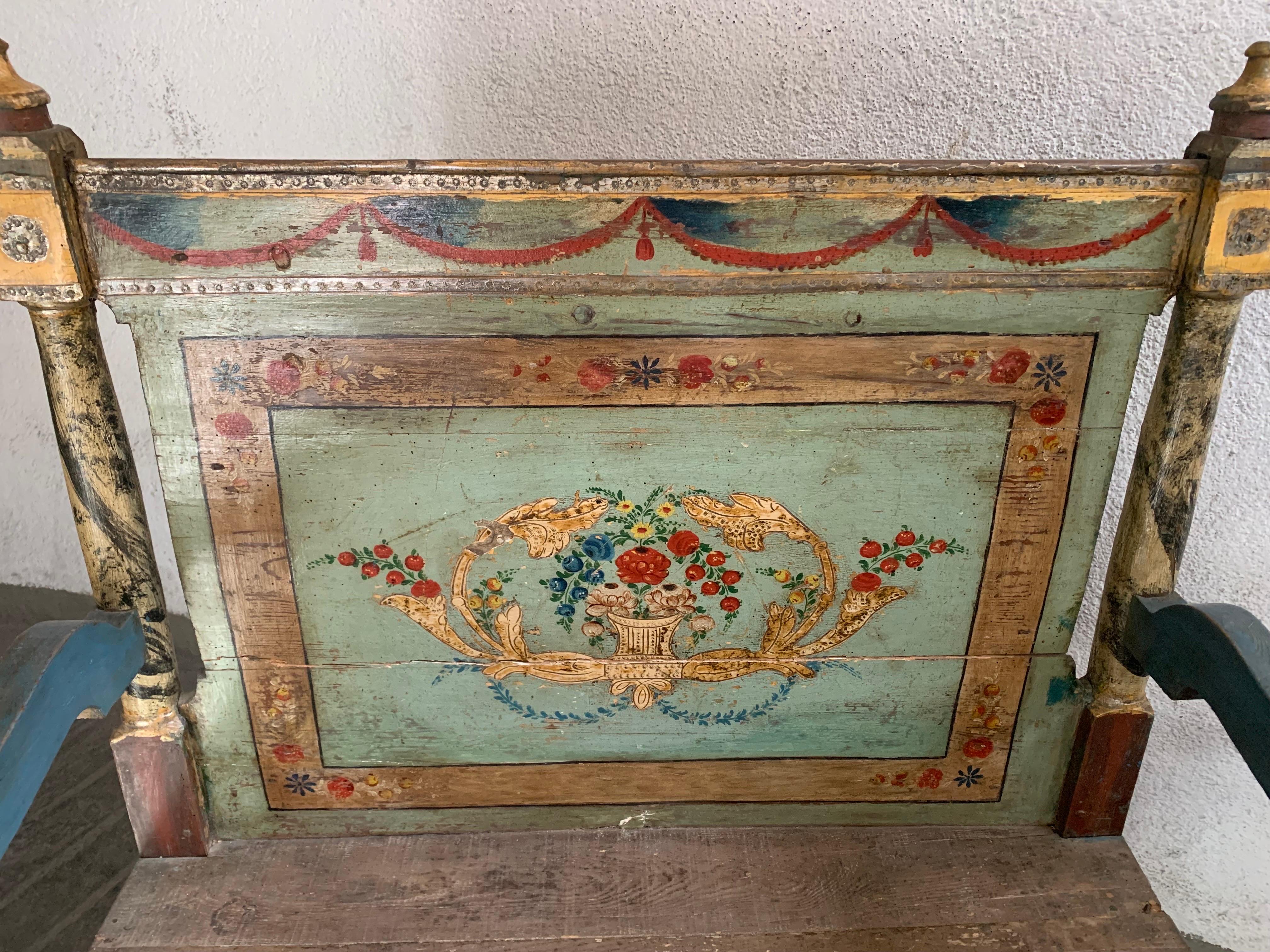 Antique Hand Painted Rustic Spanish Bench For Sale 8