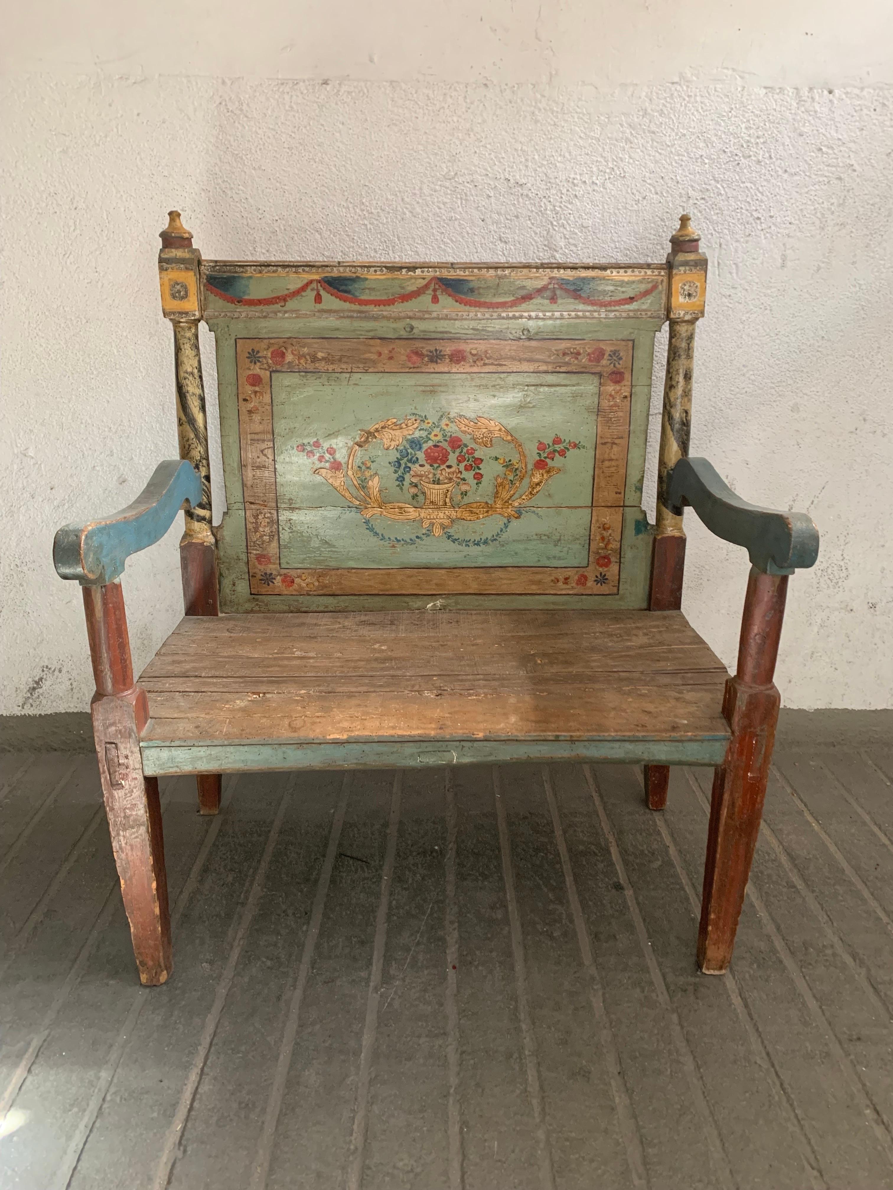 Antique Hand Painted Rustic Spanish Bench For Sale 9