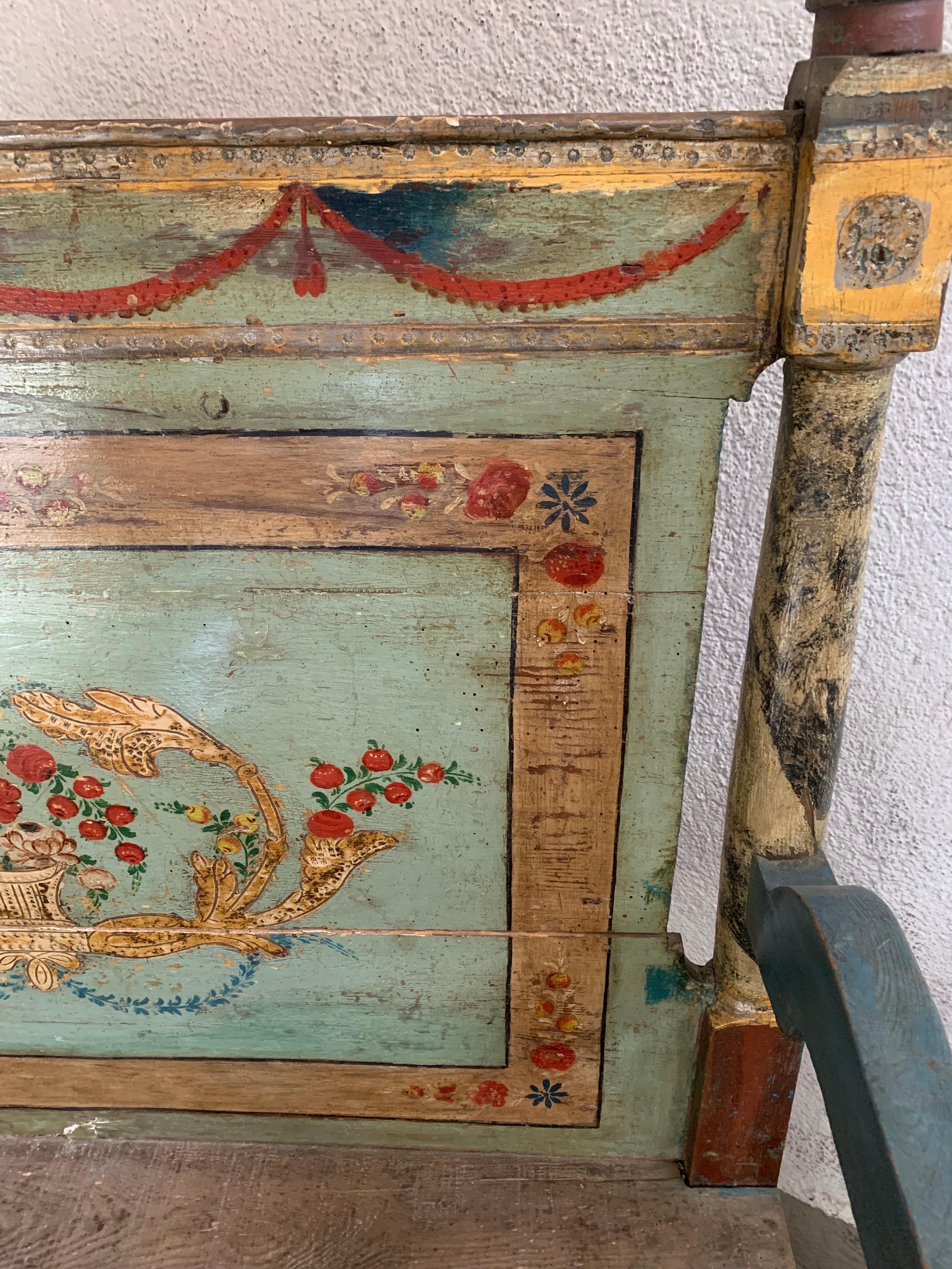 Antique Hand Painted Rustic Spanish Bench For Sale 11
