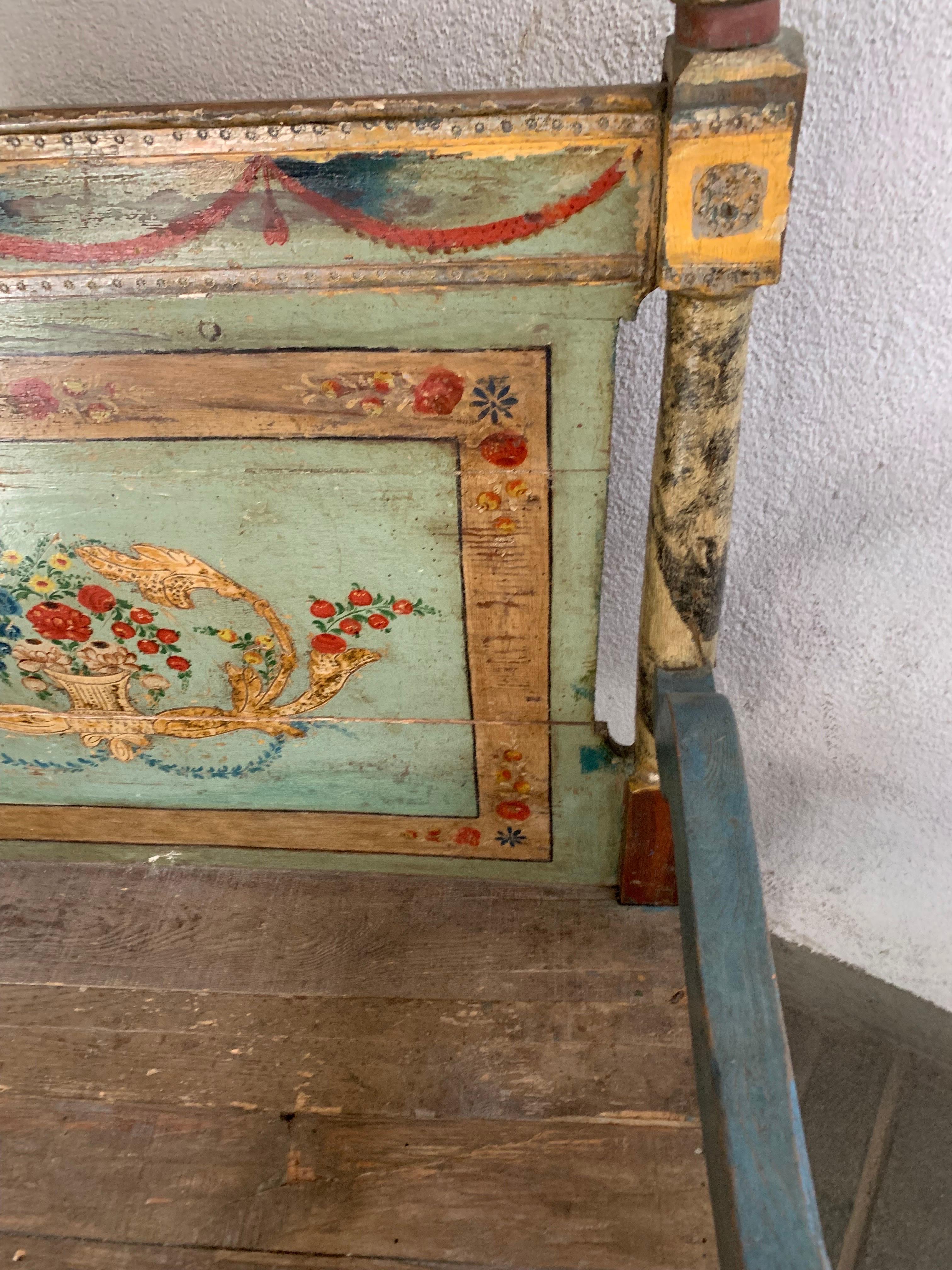 Antique Hand Painted Rustic Spanish Bench For Sale 12