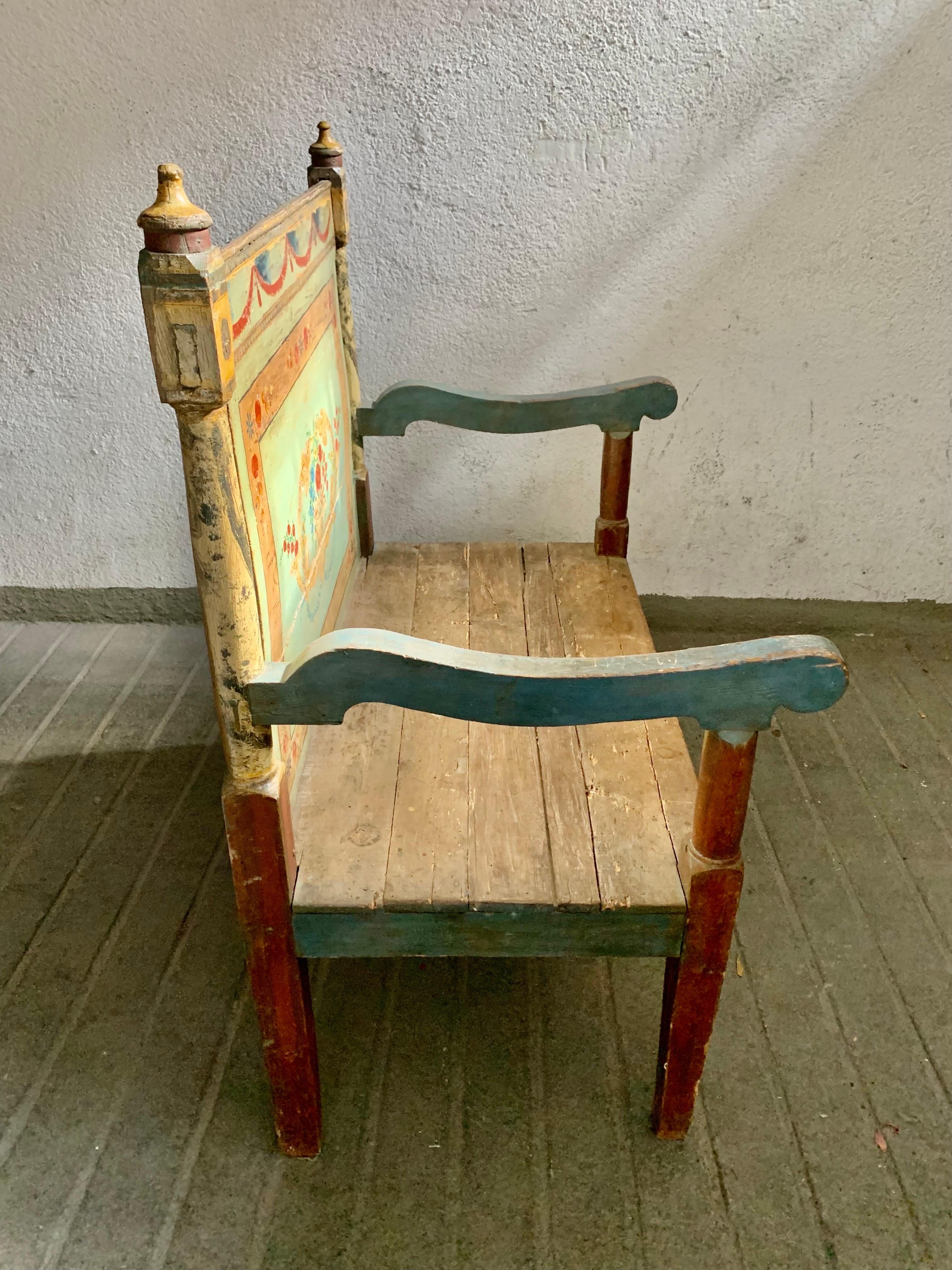 Hand-Painted Antique Hand Painted Rustic Spanish Bench For Sale