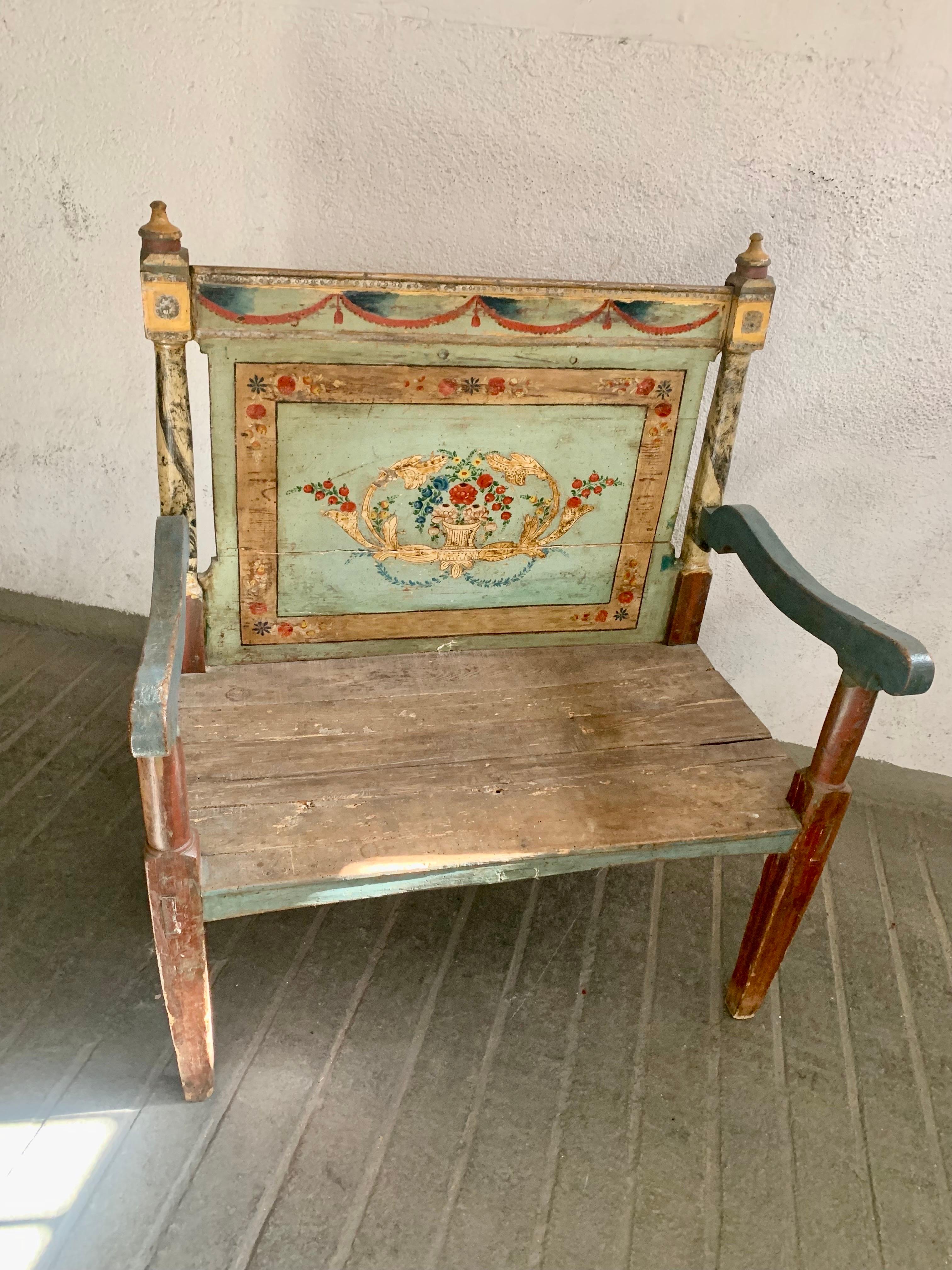 Antique Hand Painted Rustic Spanish Bench In Good Condition For Sale In Madrid, ES
