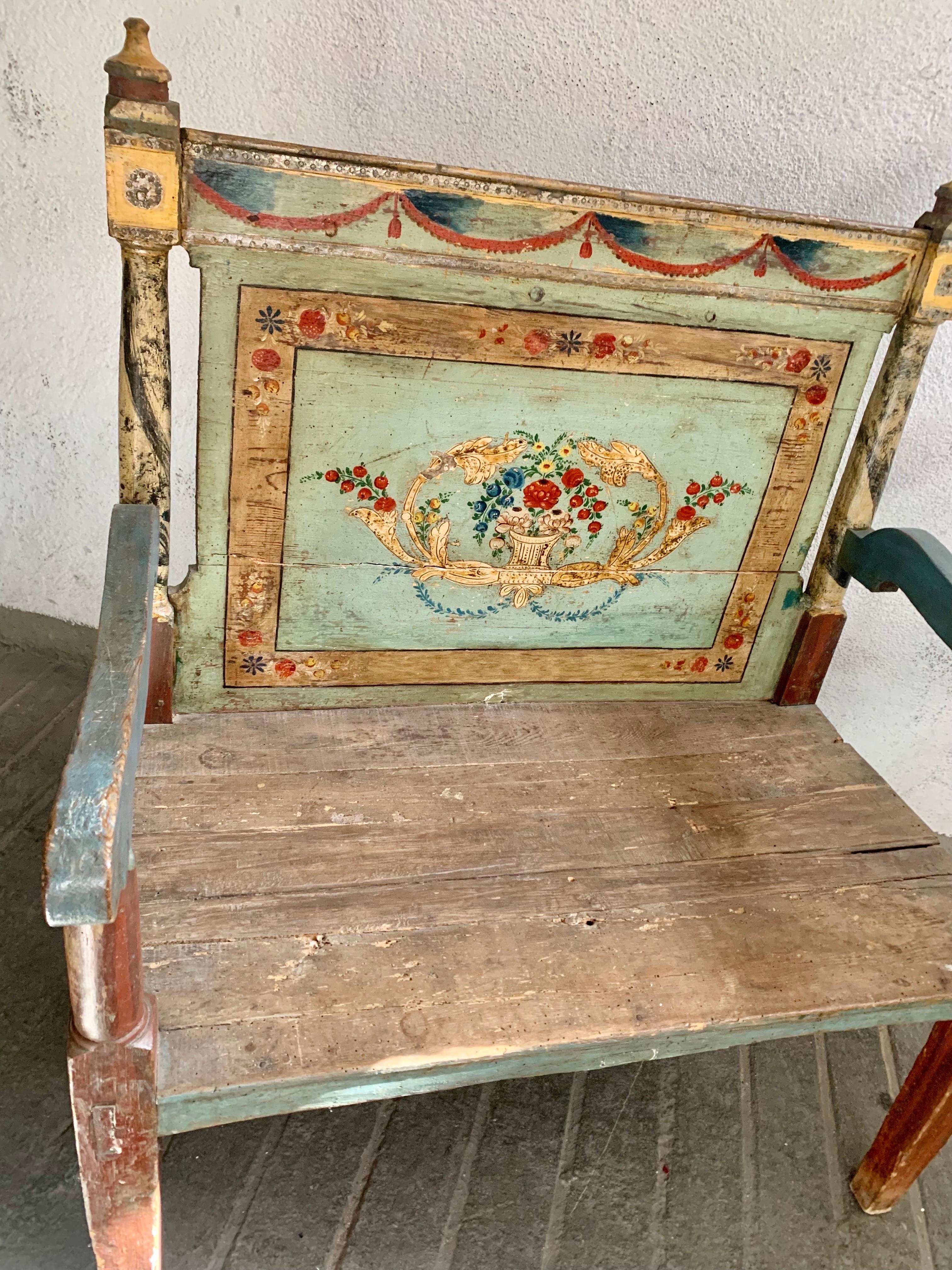 Bentwood Antique Hand Painted Rustic Spanish Bench For Sale