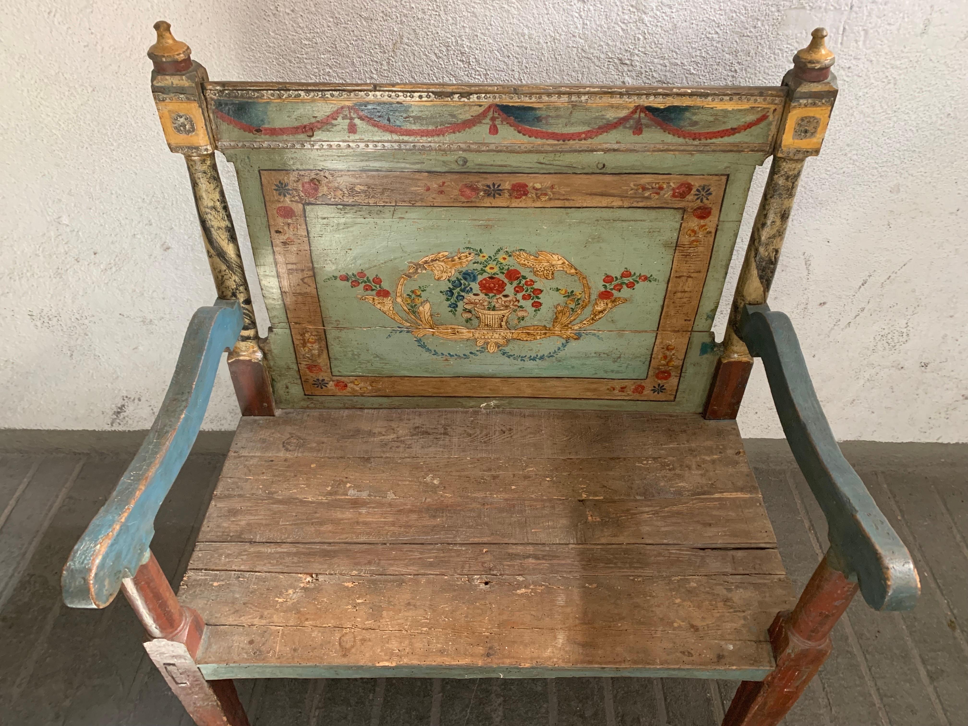 Antique Hand Painted Rustic Spanish Bench For Sale 1