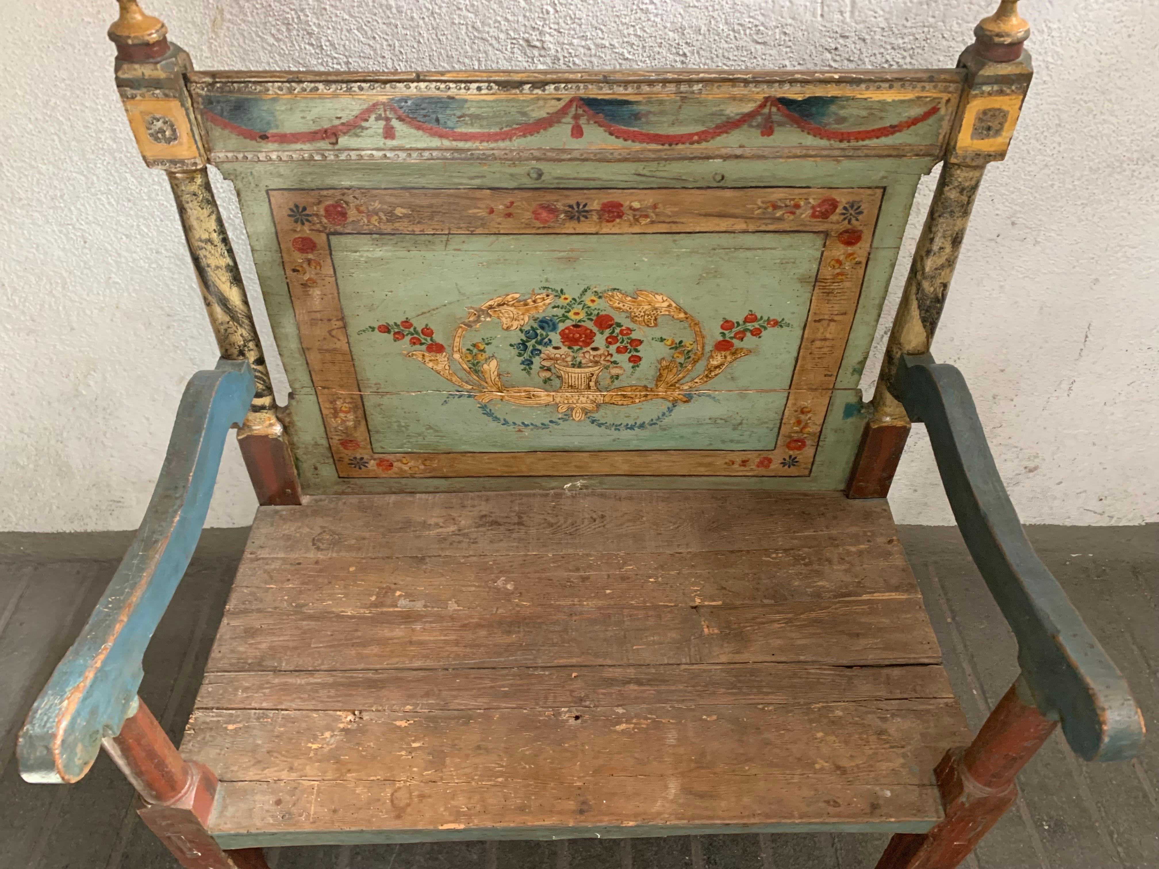 Antique Hand Painted Rustic Spanish Bench For Sale 3