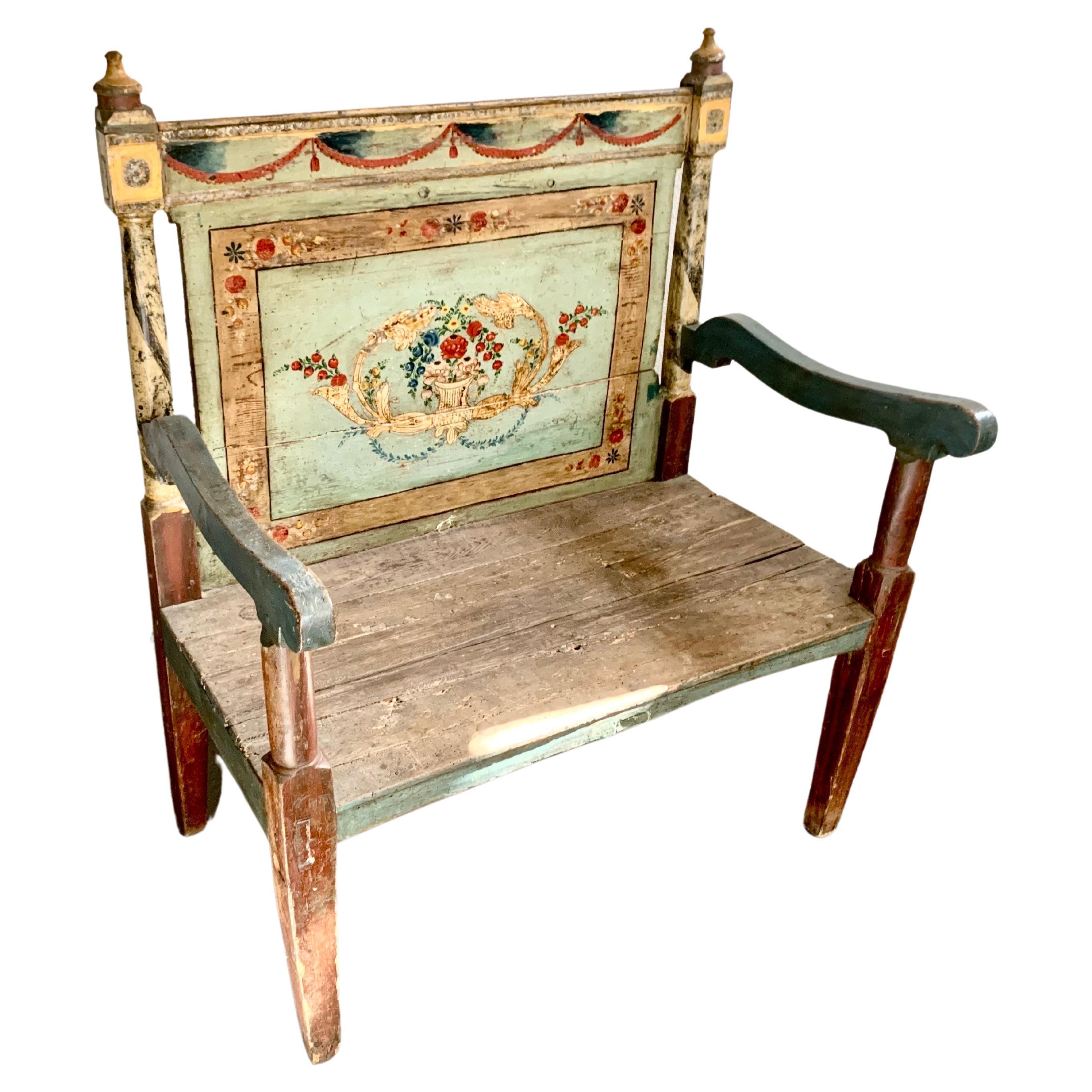 Antique Hand Painted Rustic Spanish Bench For Sale