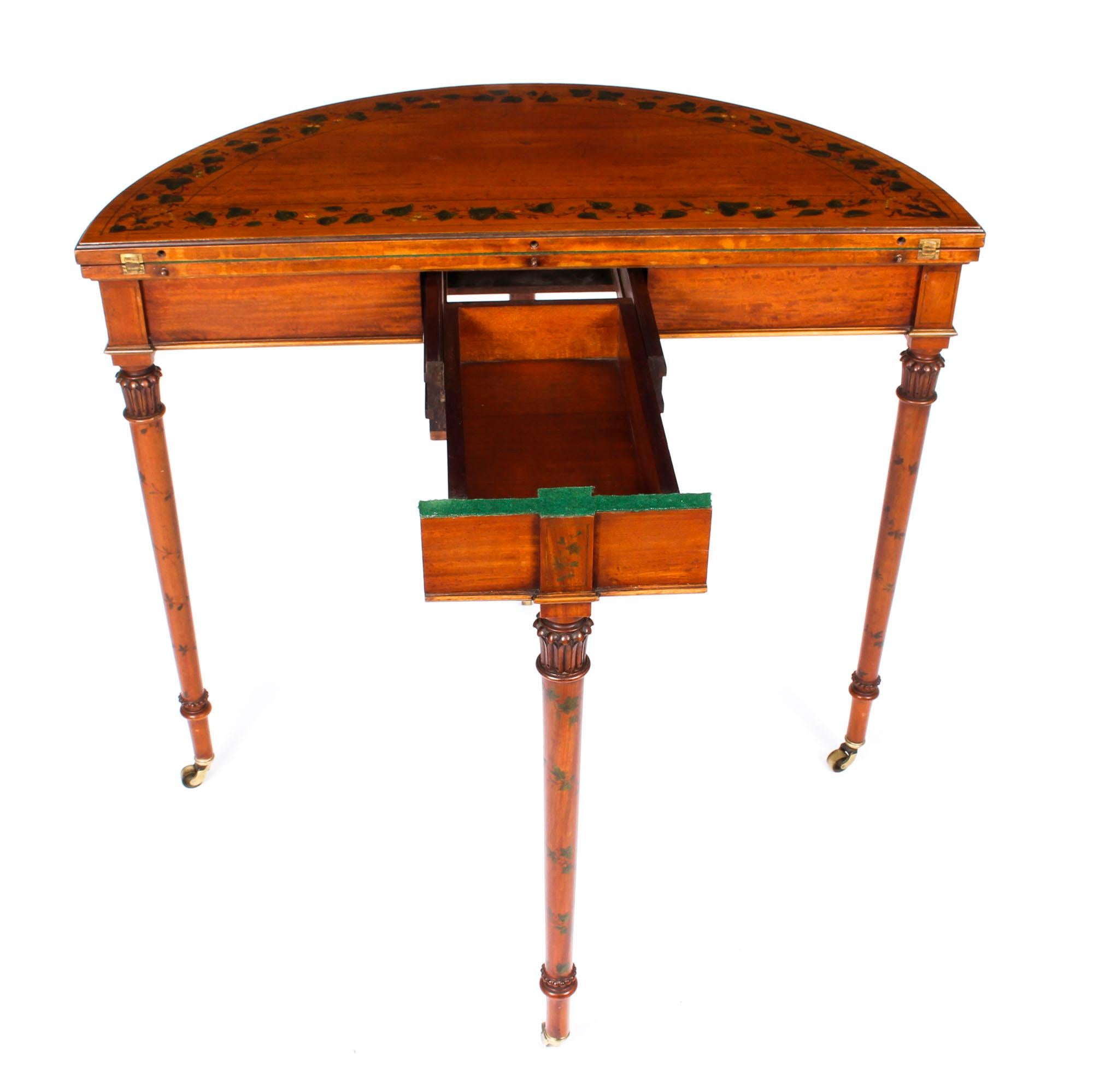 Antique Hand Painted Satinwood Demi-Lune Card Console Table, 19th Century 7