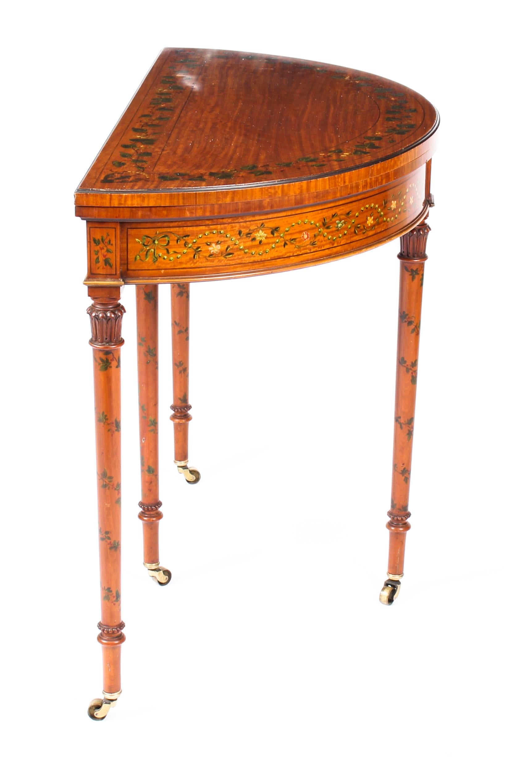 Antique Hand Painted Satinwood Demi-Lune Card Console Table, 19th Century 10