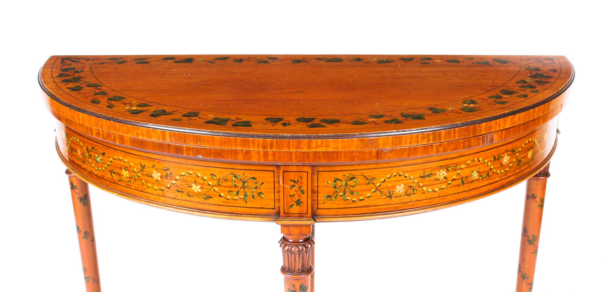 Sheraton Antique Hand Painted Satinwood Demi-Lune Card Console Table, 19th Century